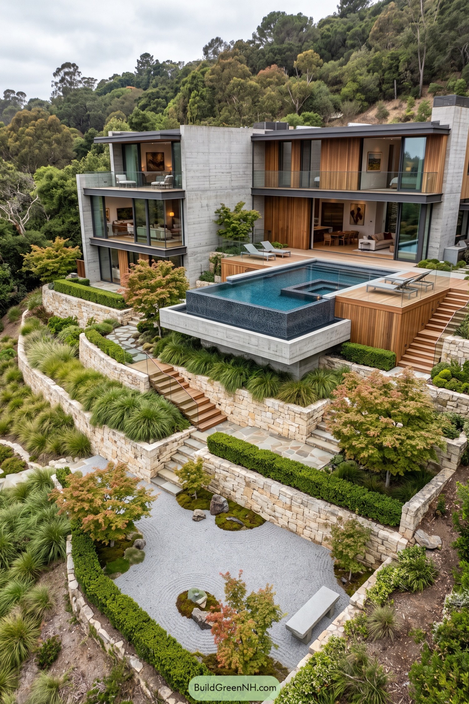 Modern hillside garden with infinity pool and gravel courtyard