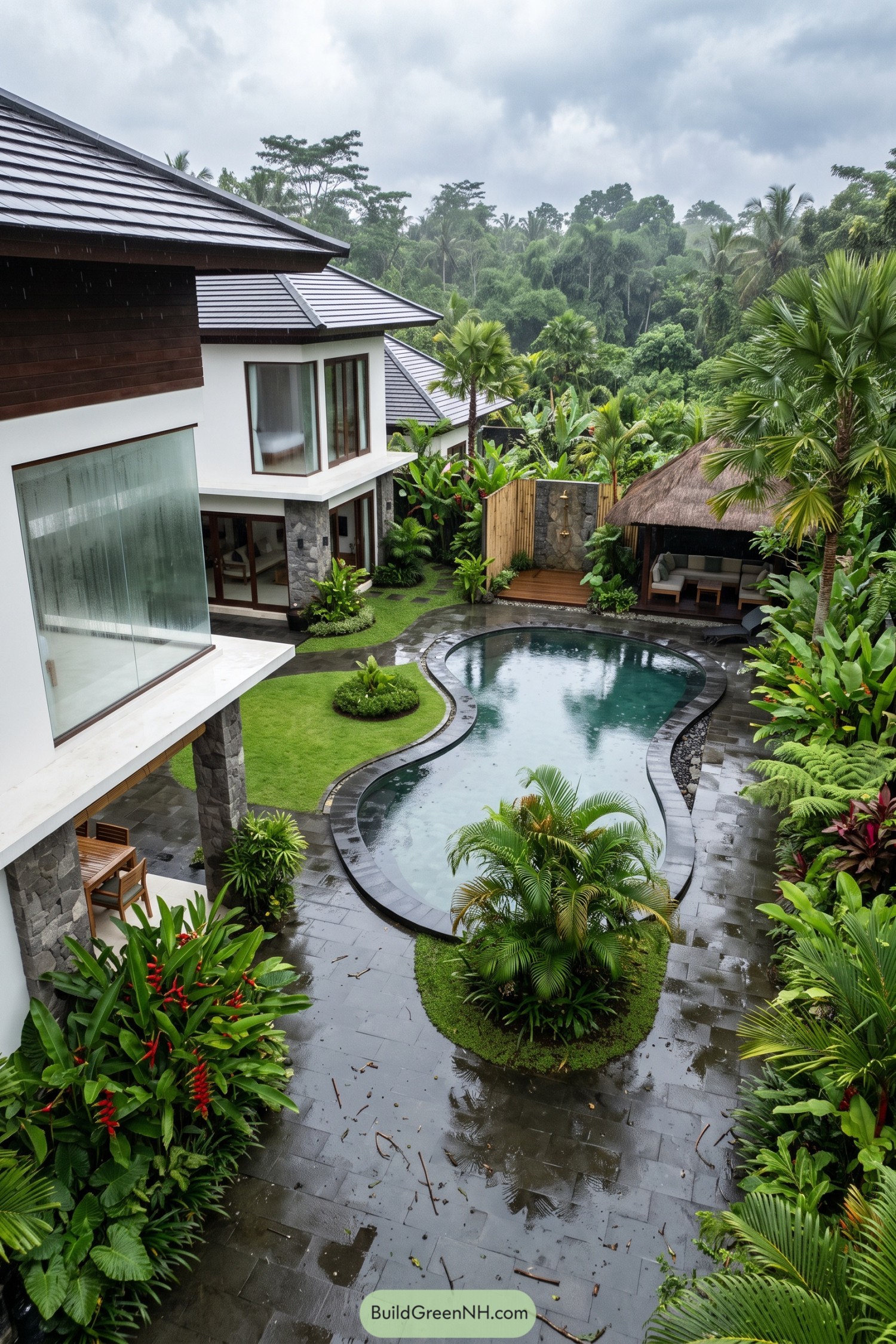 Curved pool beside a tropical villa and pavilion