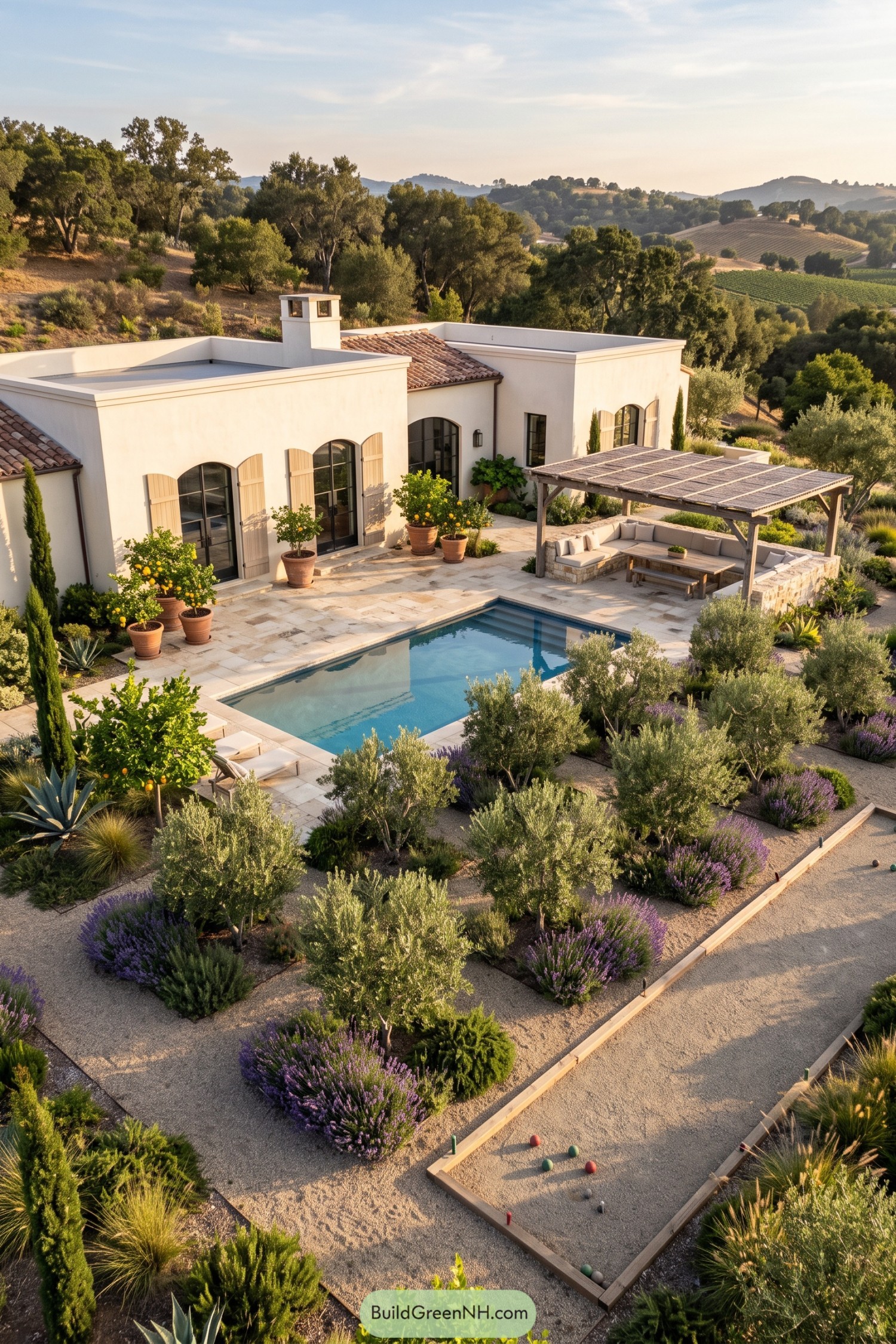 Tuscan villa garden with pool pergola and bocce court