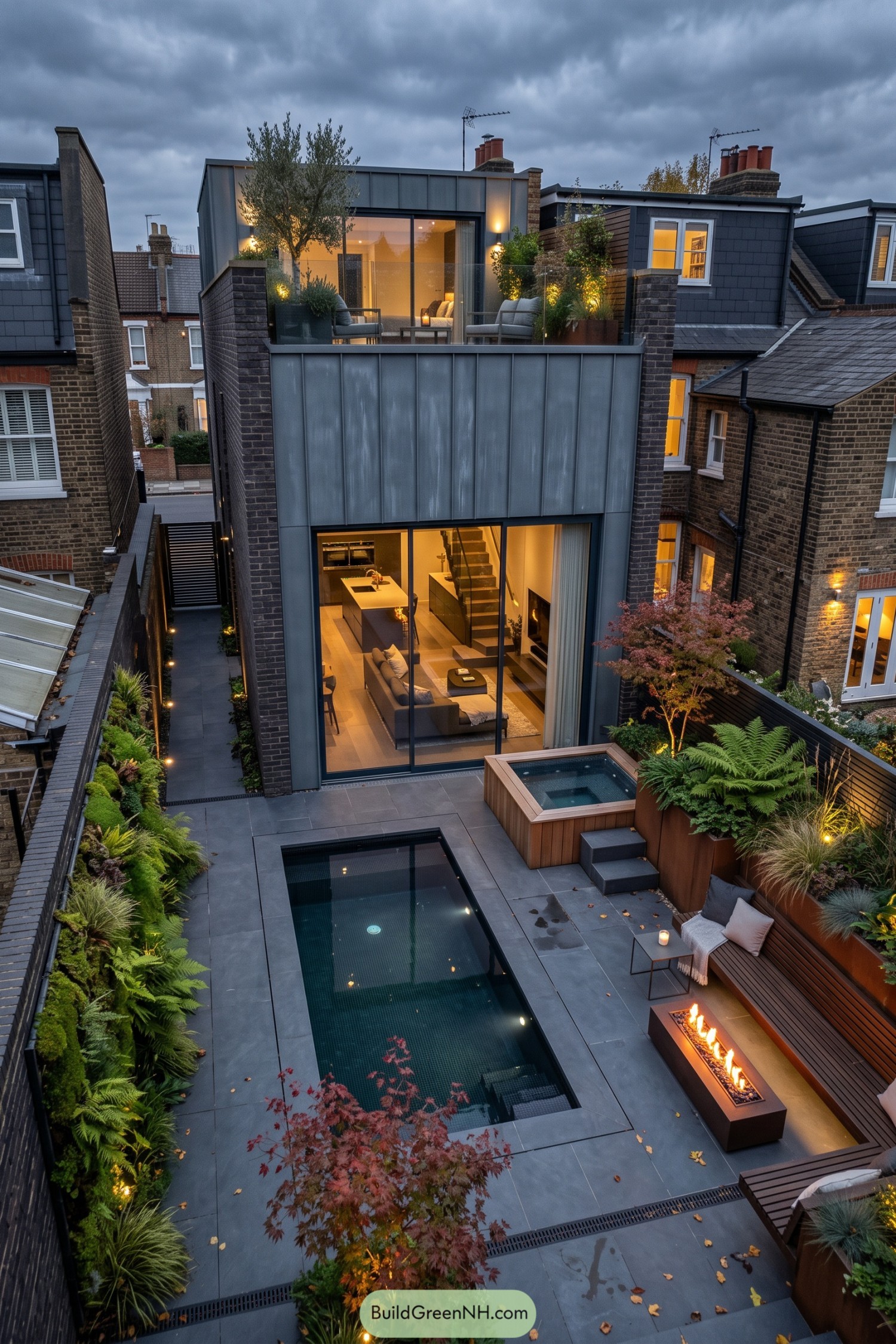 Contemporary townhouse garden with lap pool spa fire table and planted terraces
