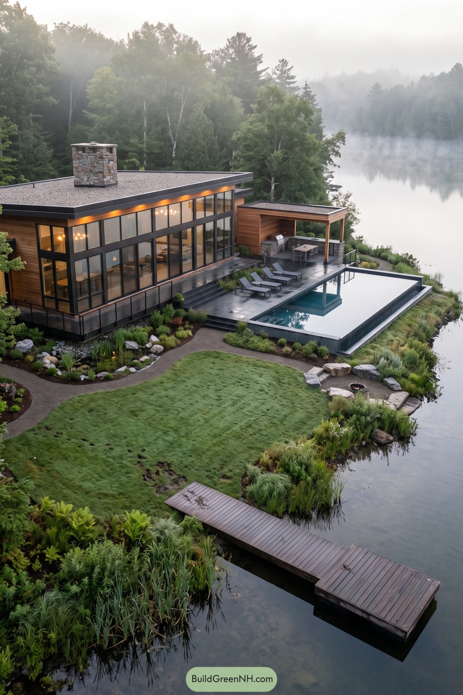 Modern lakeside home with infinity pool and timber dock