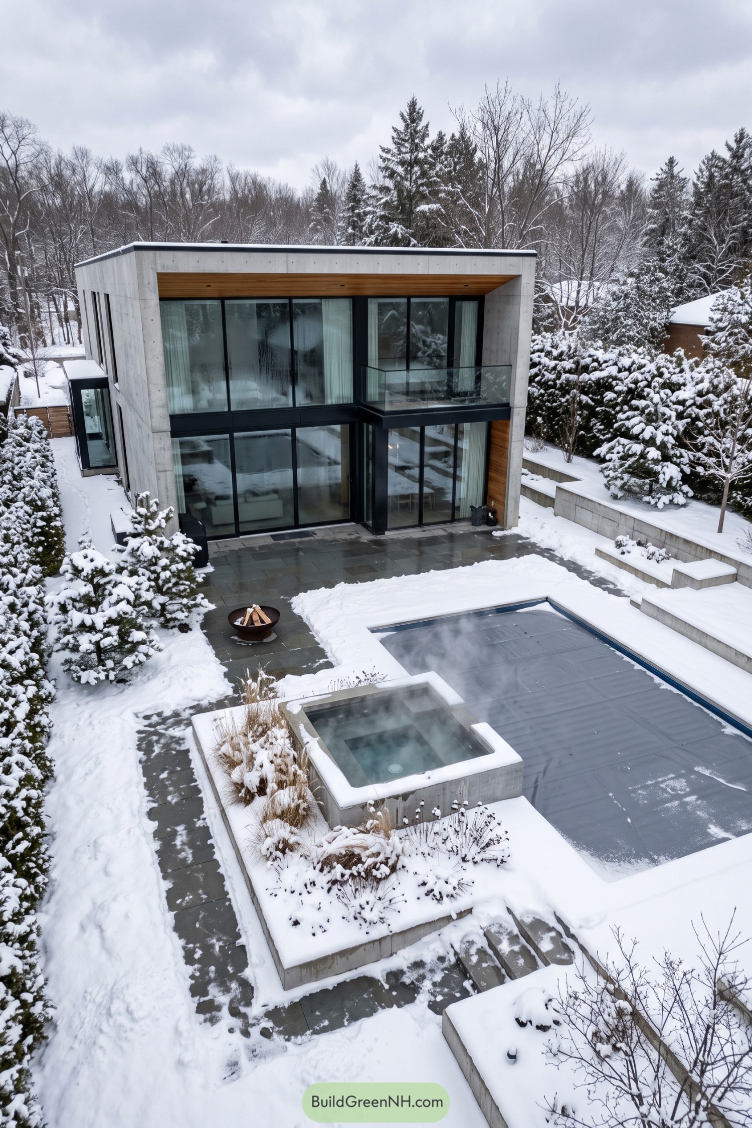 Modern concrete home overlooking a snow-covered pool courtyard with a raised spa