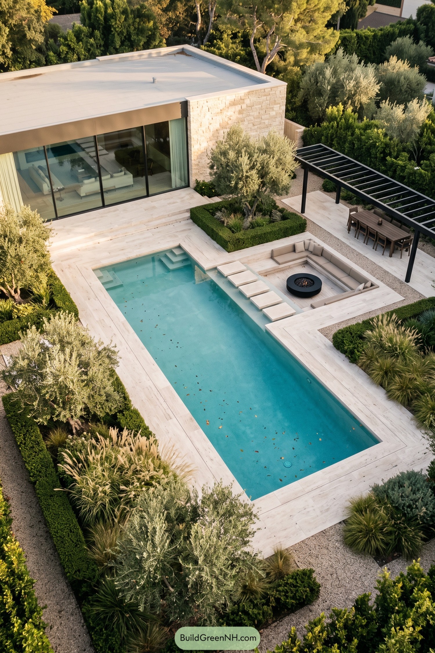 Modern pool courtyard with sunken fire lounge and pergola dining area