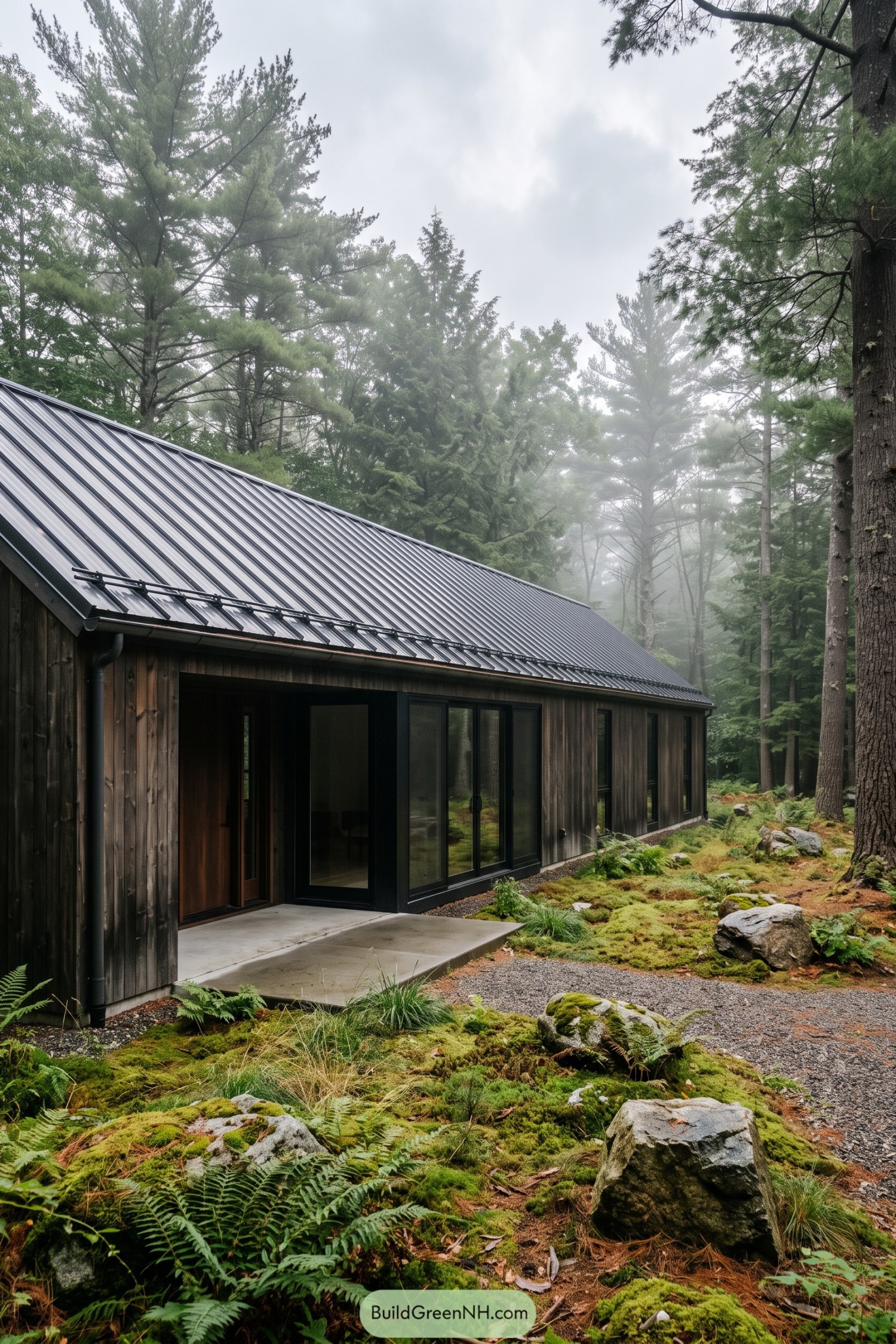 Woodland farmhouse with charcoal metal roof and dark timber cladding