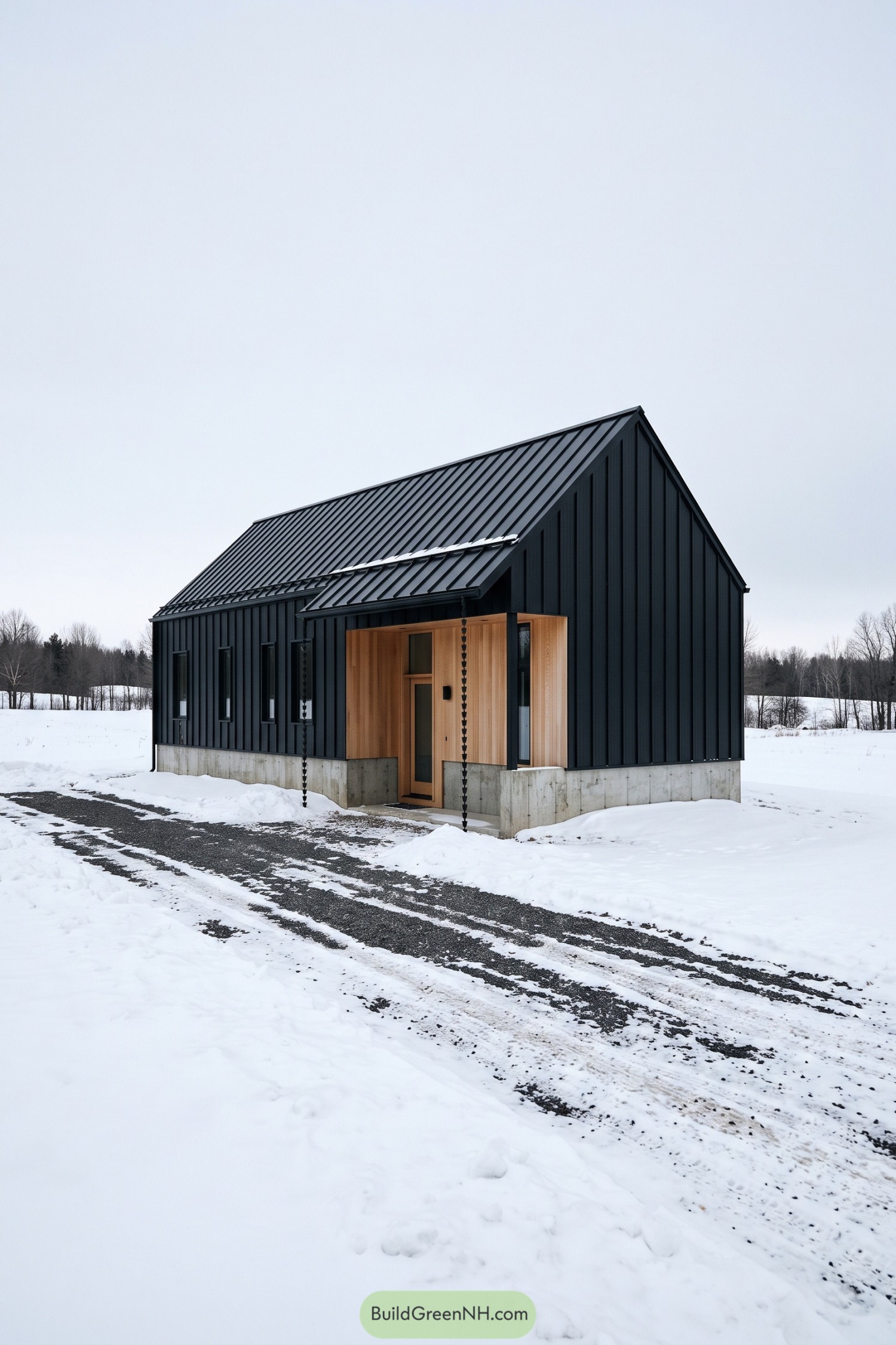 Black metal farmhouse with cedar entry in snow