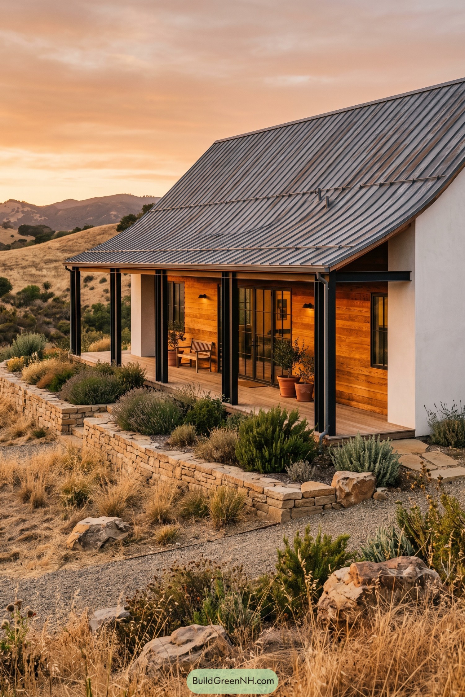 Modern farmhouse with gray metal roof and sheltered porch in dry hills