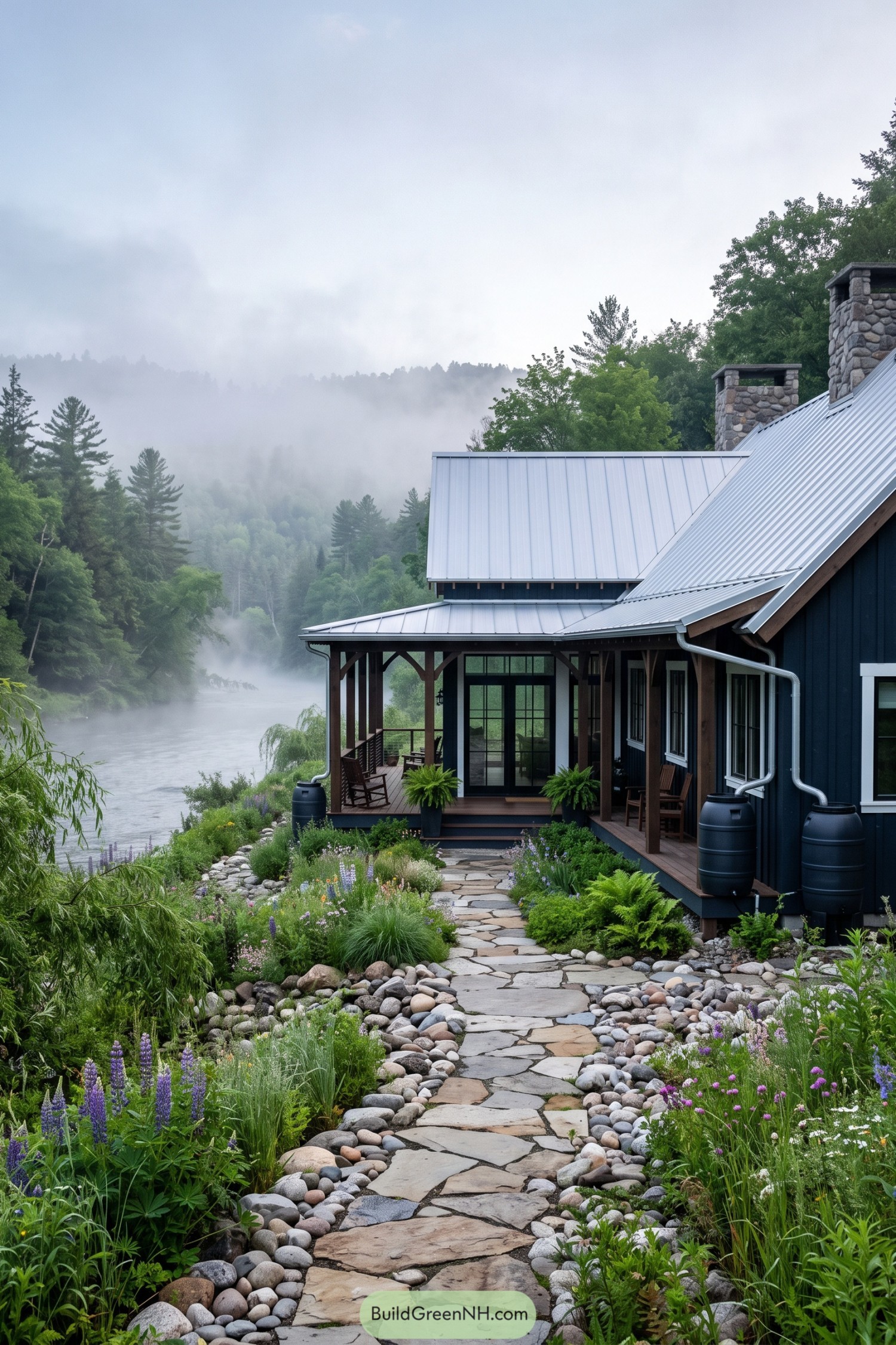 Dark farmhouse with silver metal roof beside a misty river