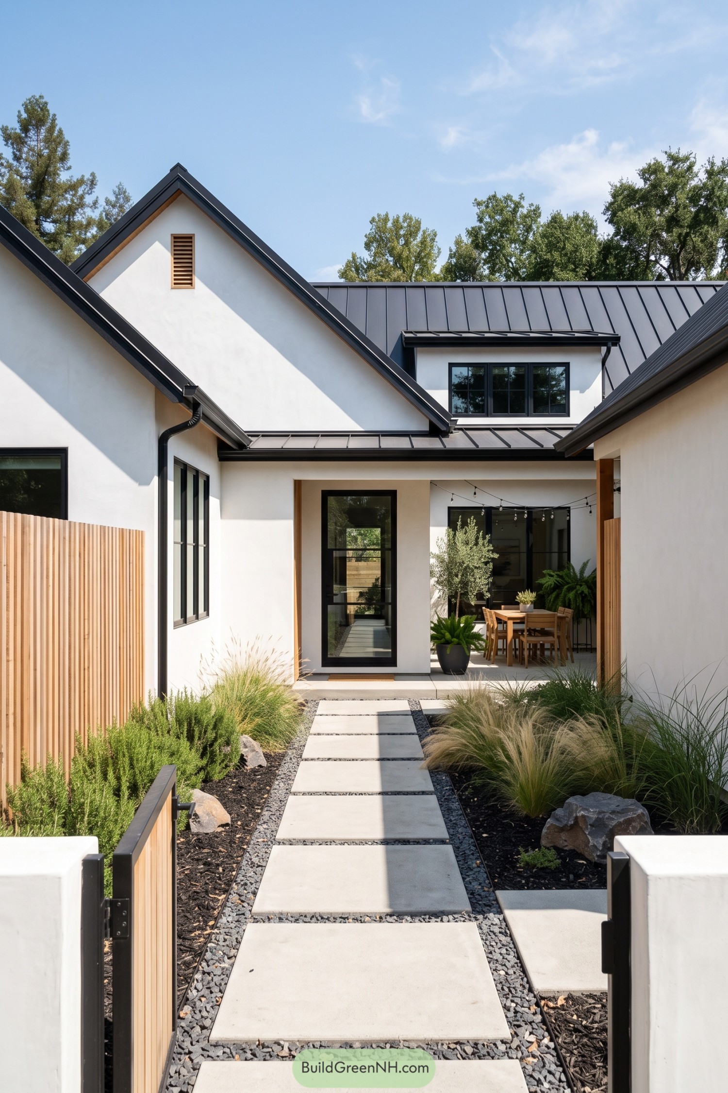 White farmhouse with dark metal gables and a landscaped courtyard path