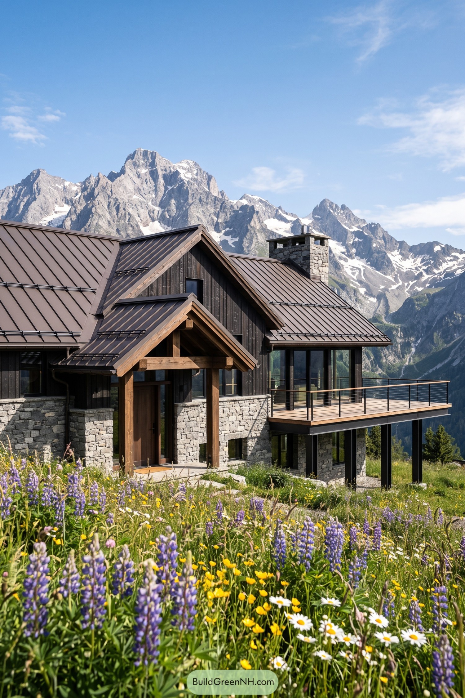 Mountain farmhouse with dark metal gables and stone chimney