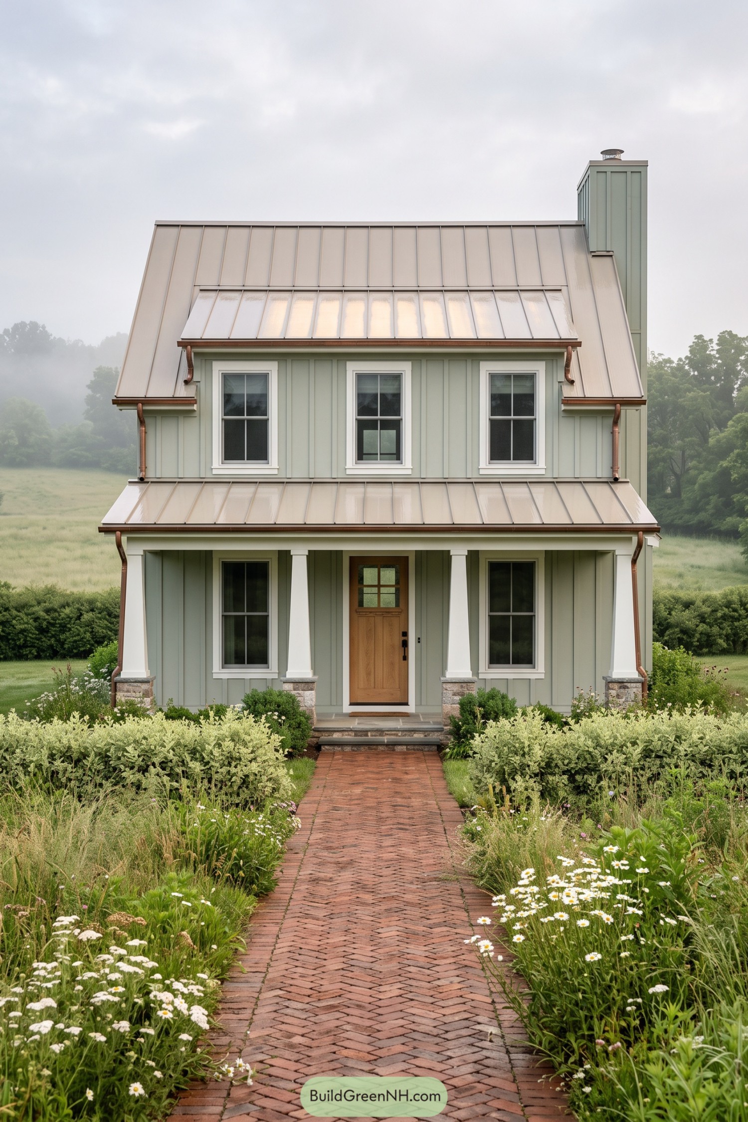 Pale green farmhouse with metal roof and brick path
