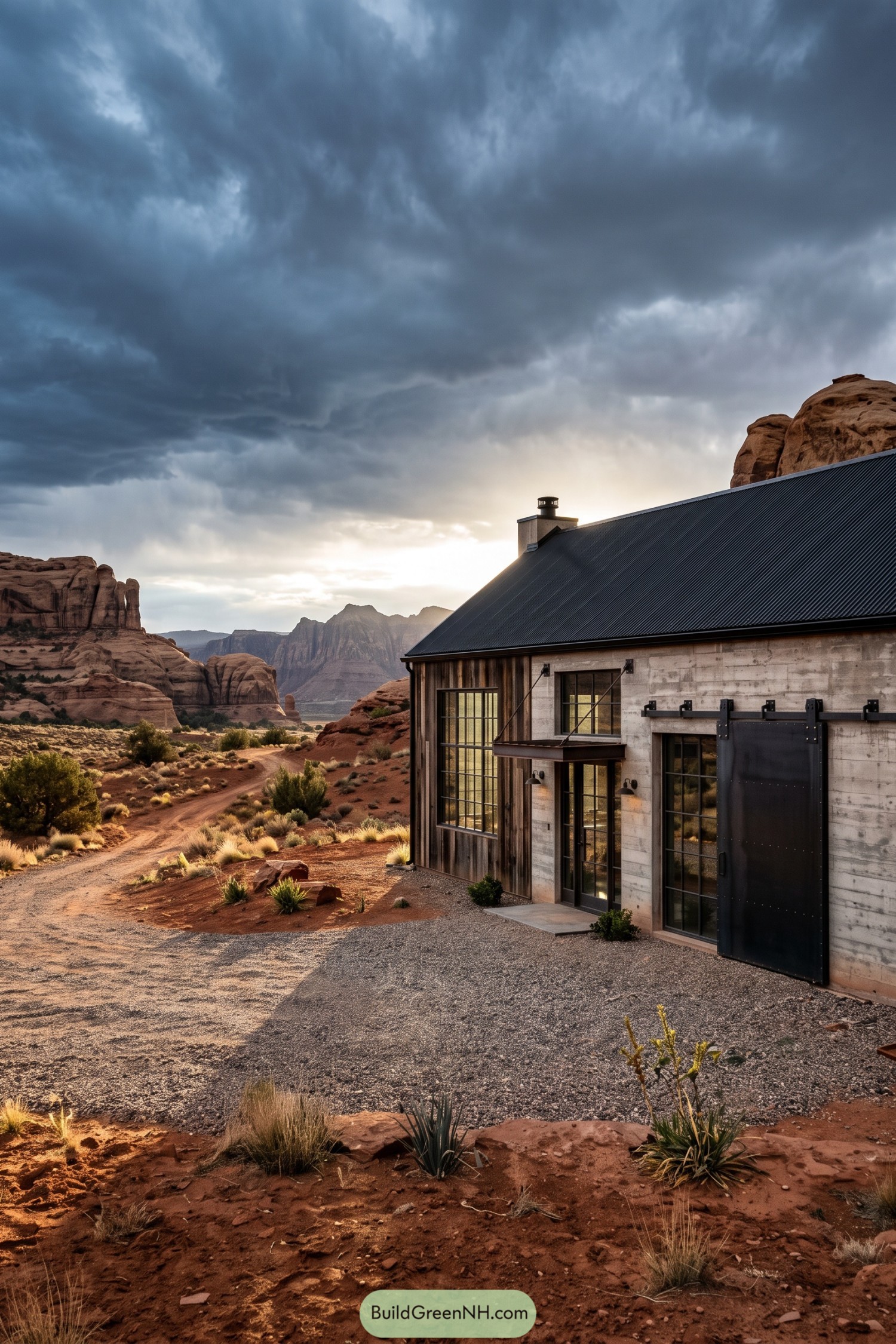Modern farmhouse with black metal roof beside desert cliffs