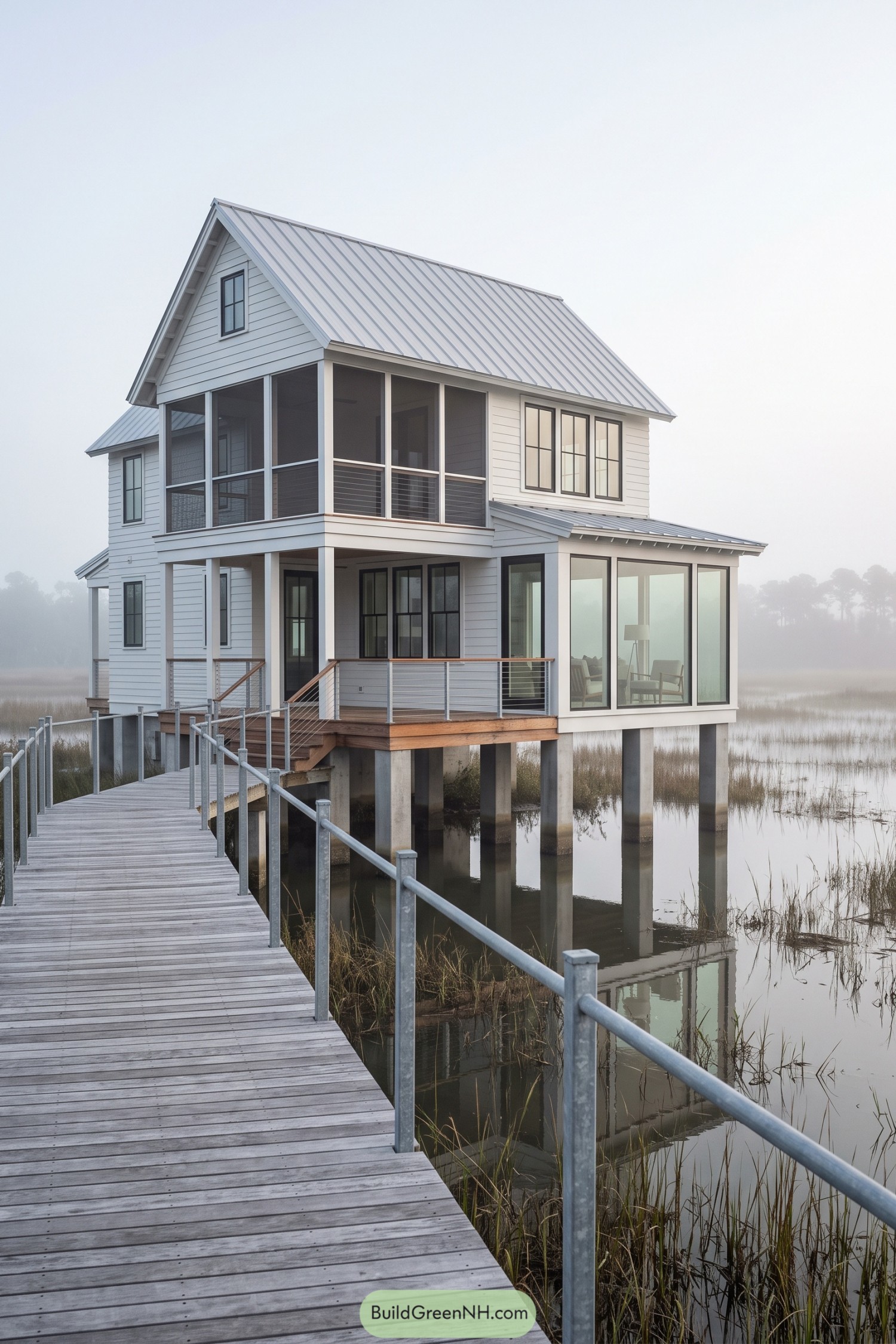 White metal roof farmhouse raised above misty marshland with screened porches and boardwalk access