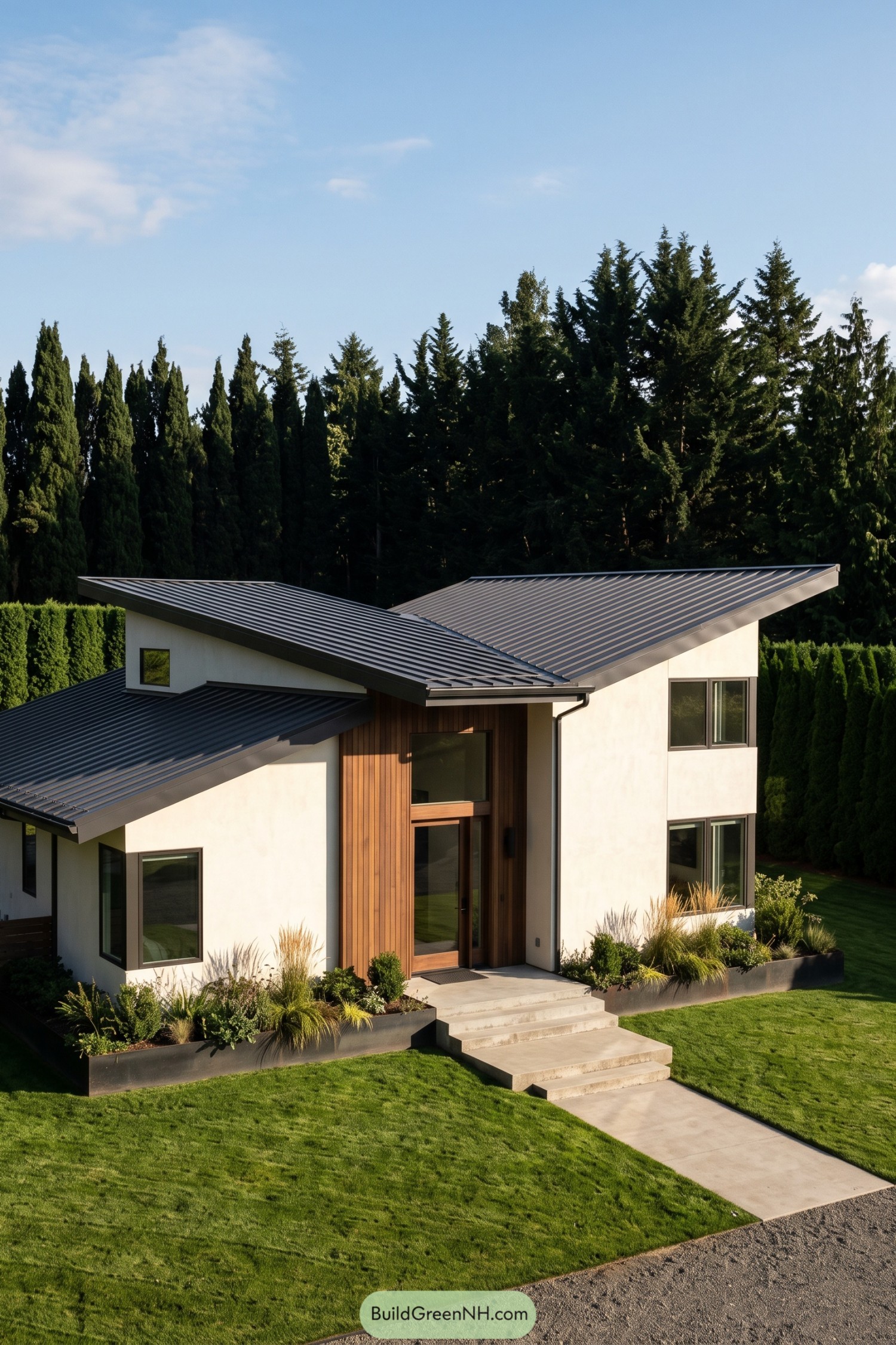 Modern farmhouse with charcoal metal roof and timber entry