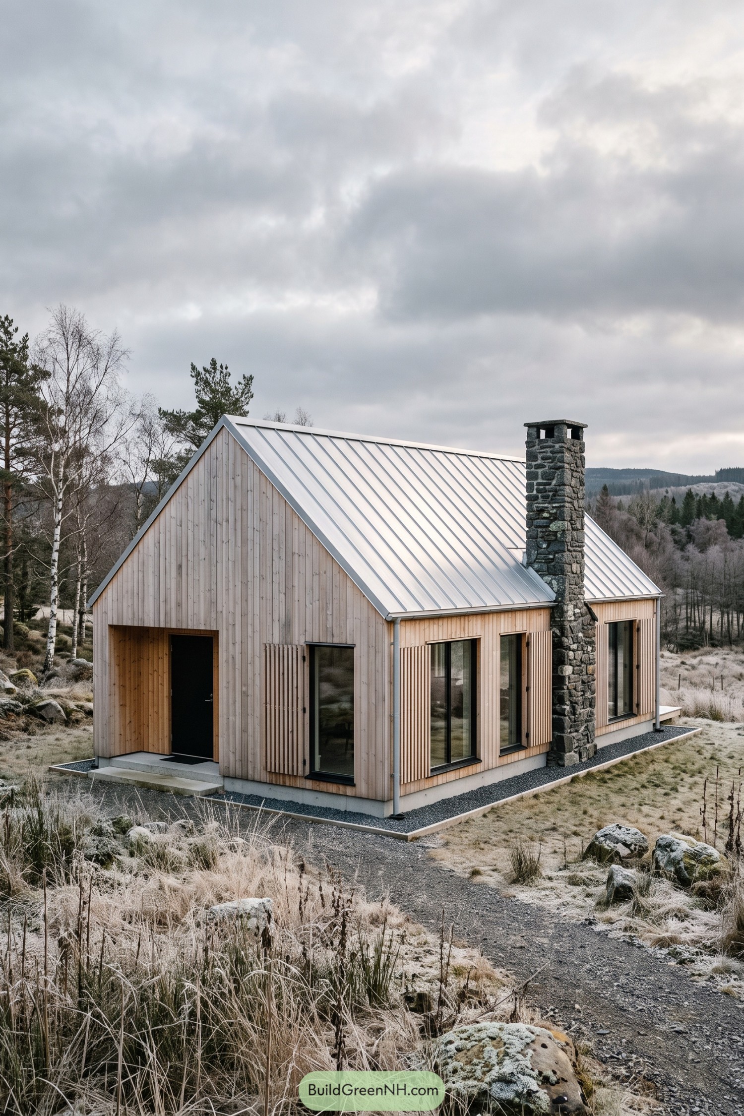 Modern timber farmhouse with a silver metal roof and stone chimney