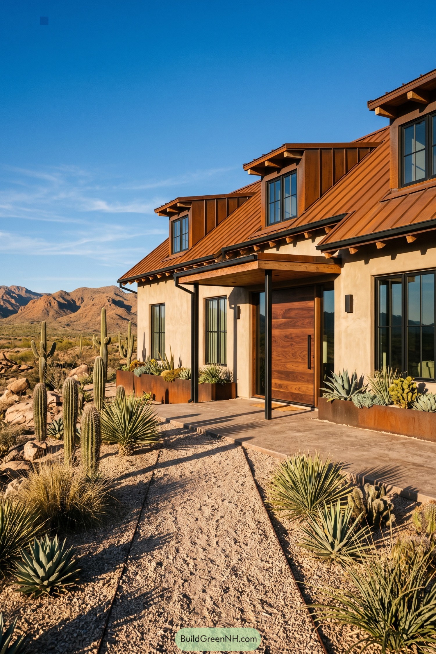 Desert farmhouse with copper standing seam roof and cactus garden