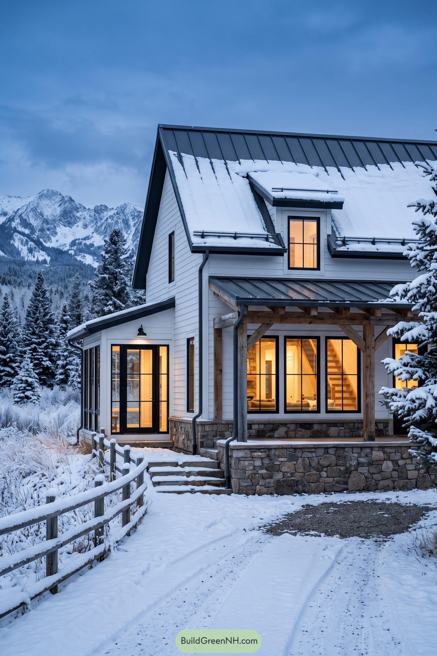 Snowy white farmhouse with dark metal roof and timber porch