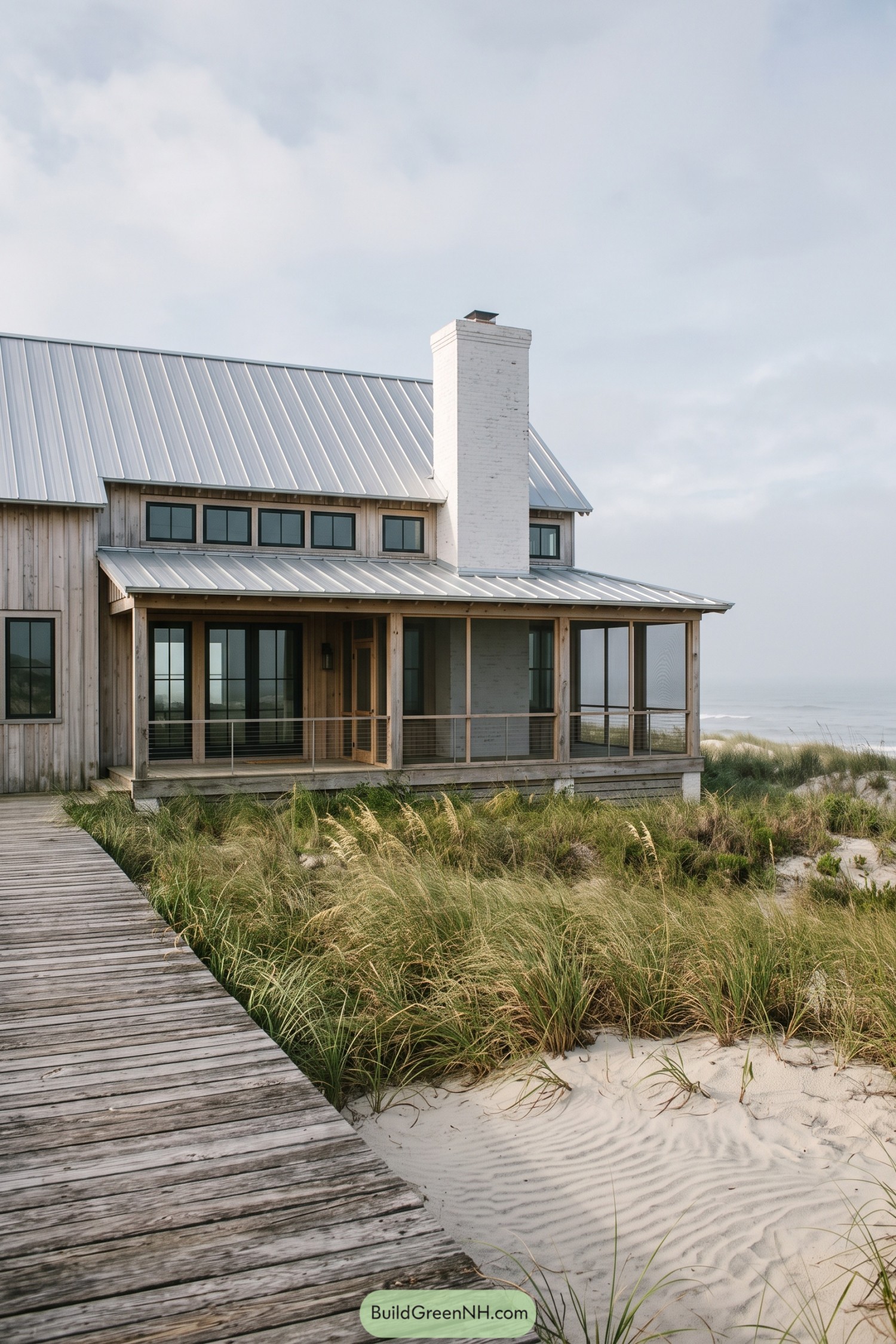 Coastal farmhouse with a silver metal roof and porch