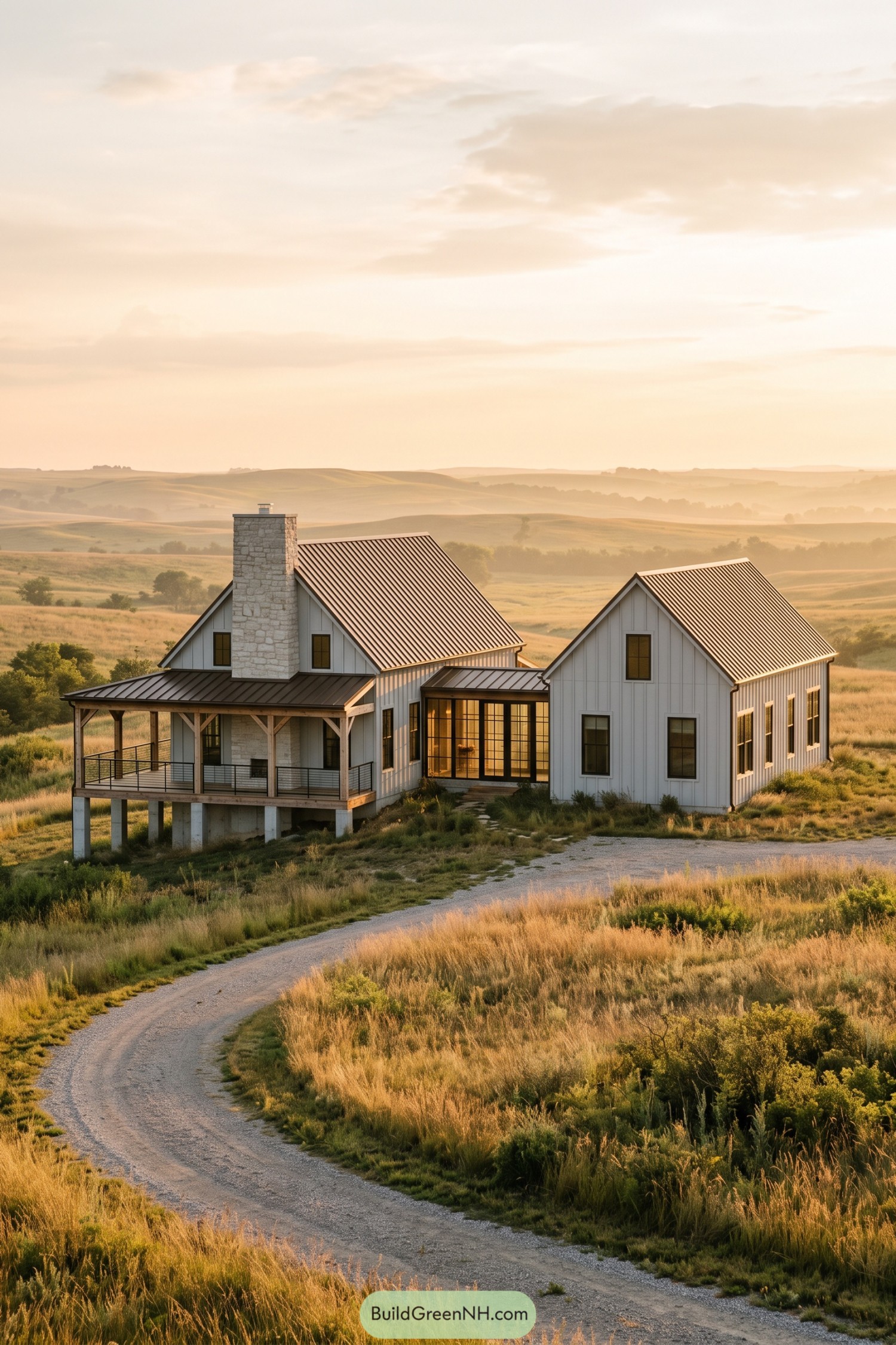 White board and batten farmhouse with bronze metal roofs and stone chimney