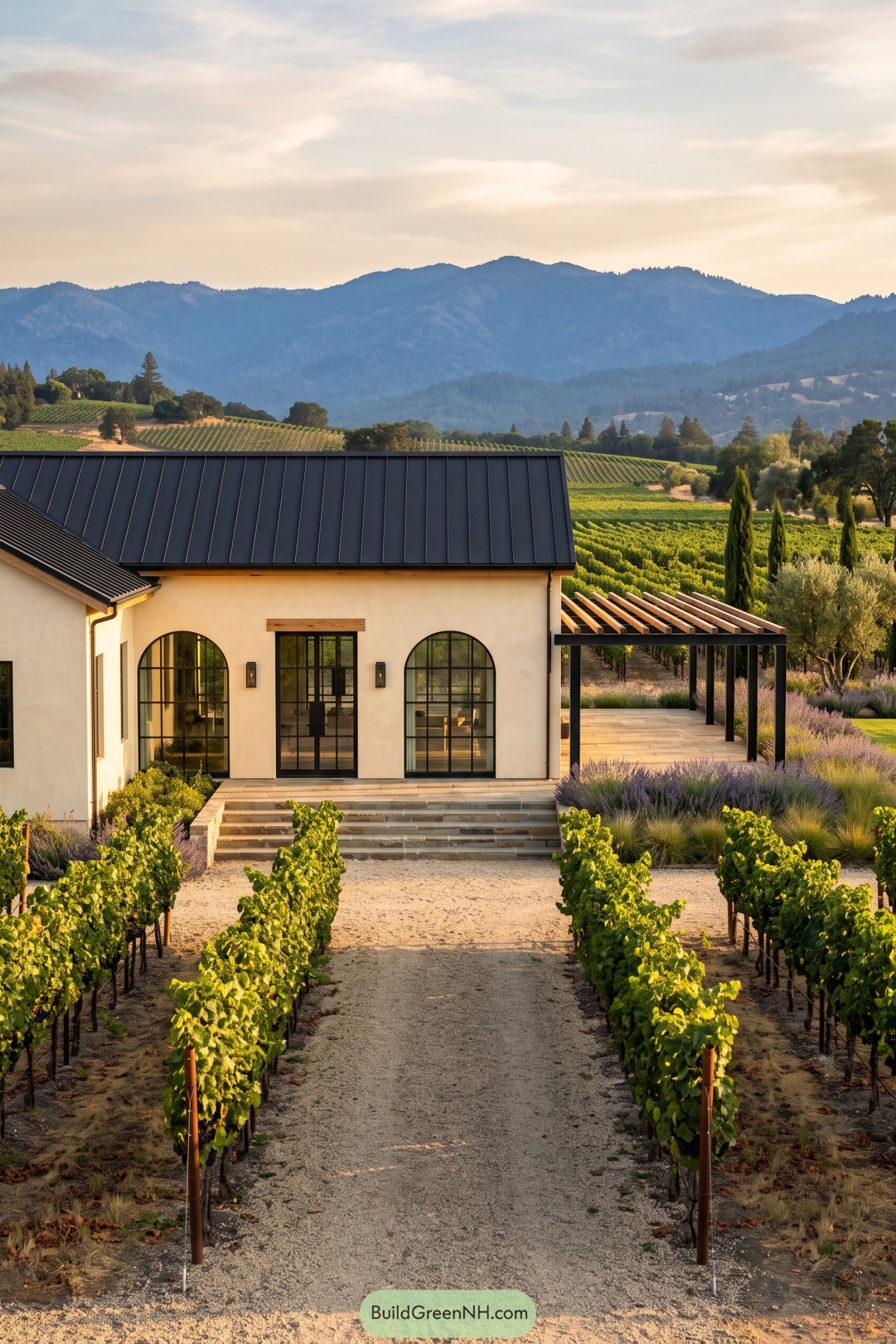 Modern farmhouse with black metal roof beside vineyard rows