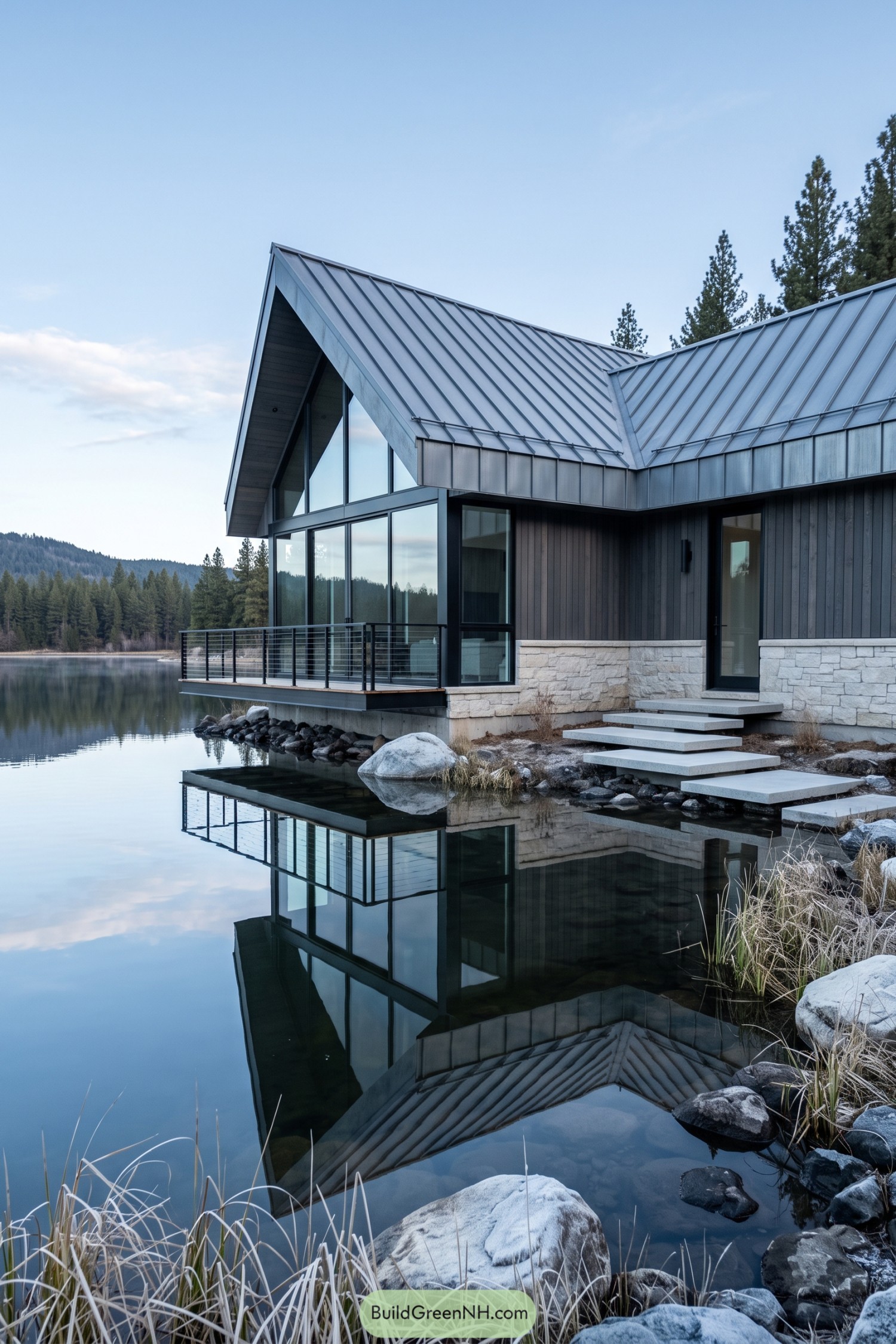 Modern dark-clad farmhouse with a metal gable roof beside a lake