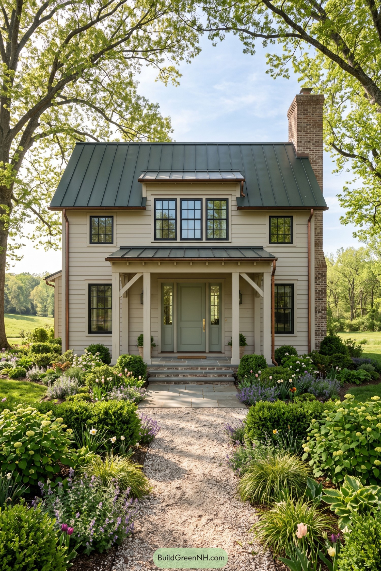 Cream farmhouse with dark metal roof and brick chimney