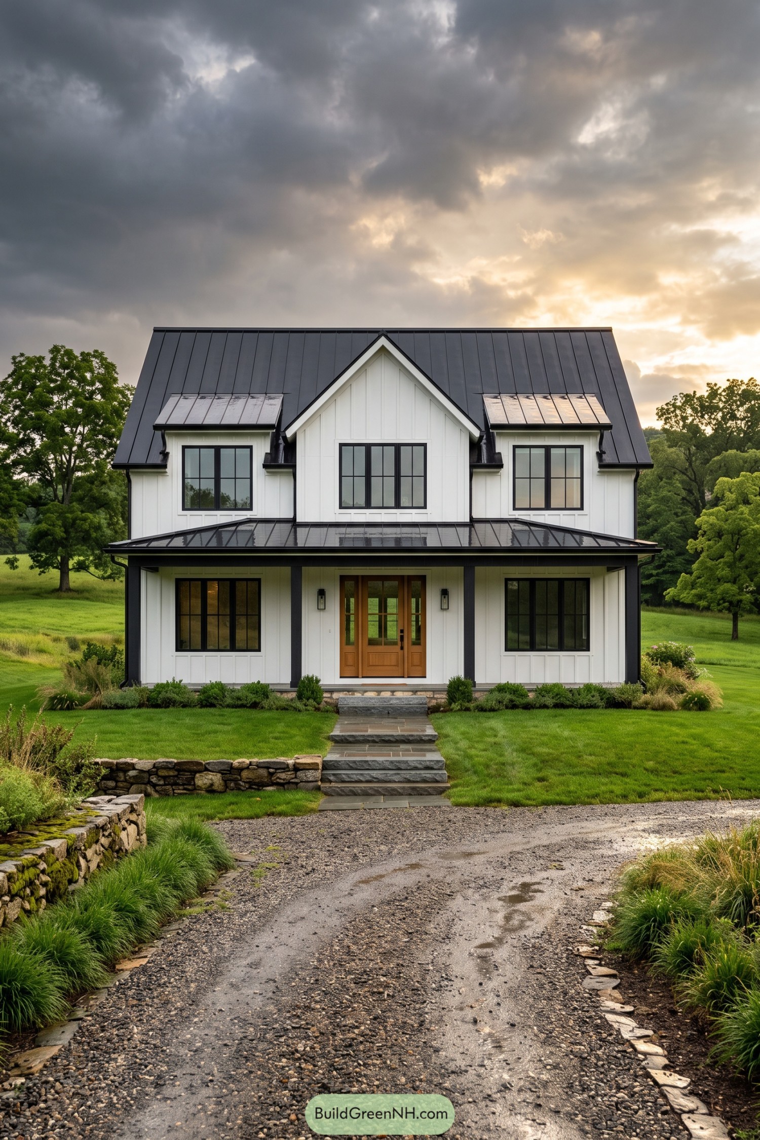 White farmhouse with black metal roof and covered porch