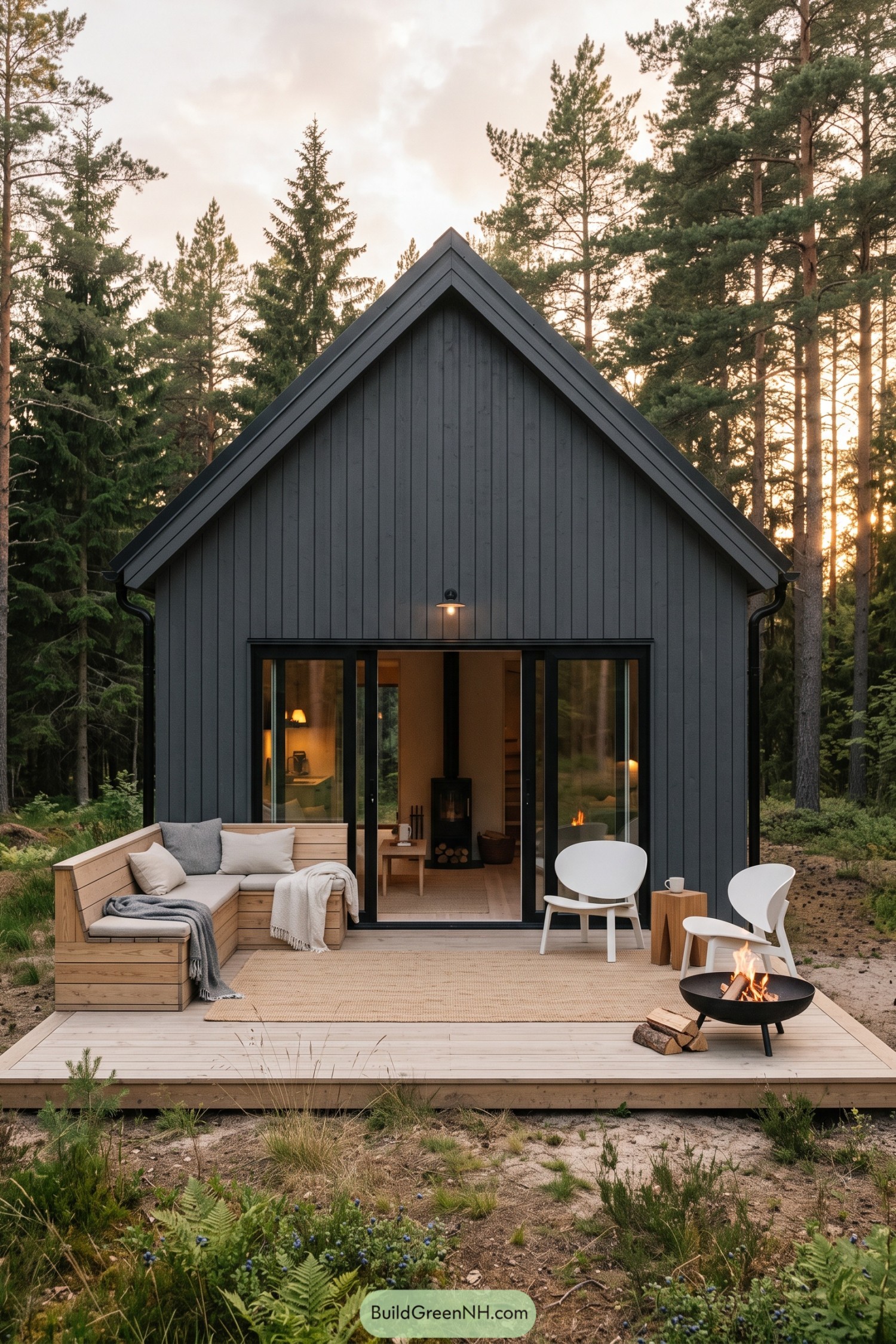 Charcoal cabin with a deck fire bowl in pine woods