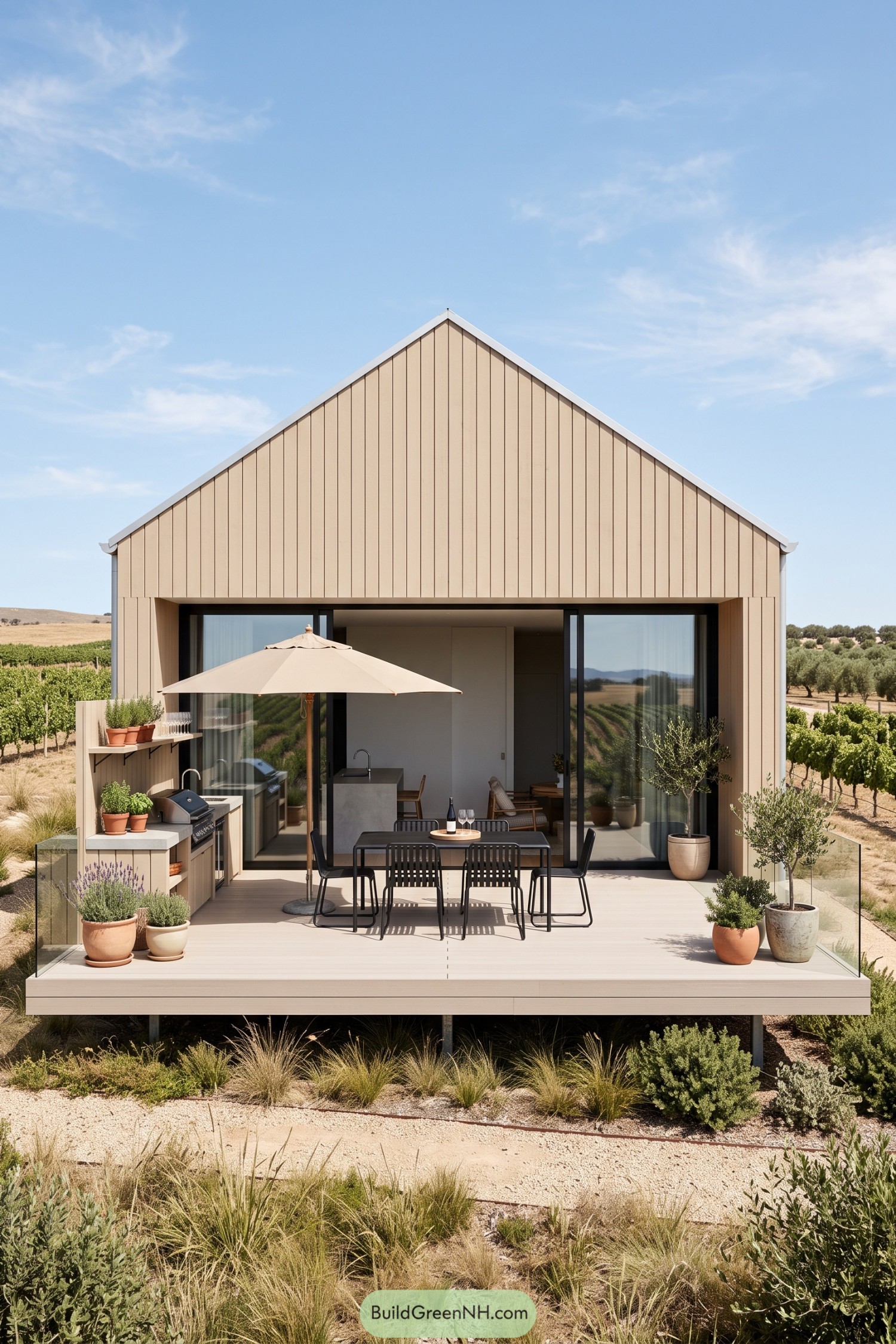 Minimal gable home with a raised terrace overlooking vineyards