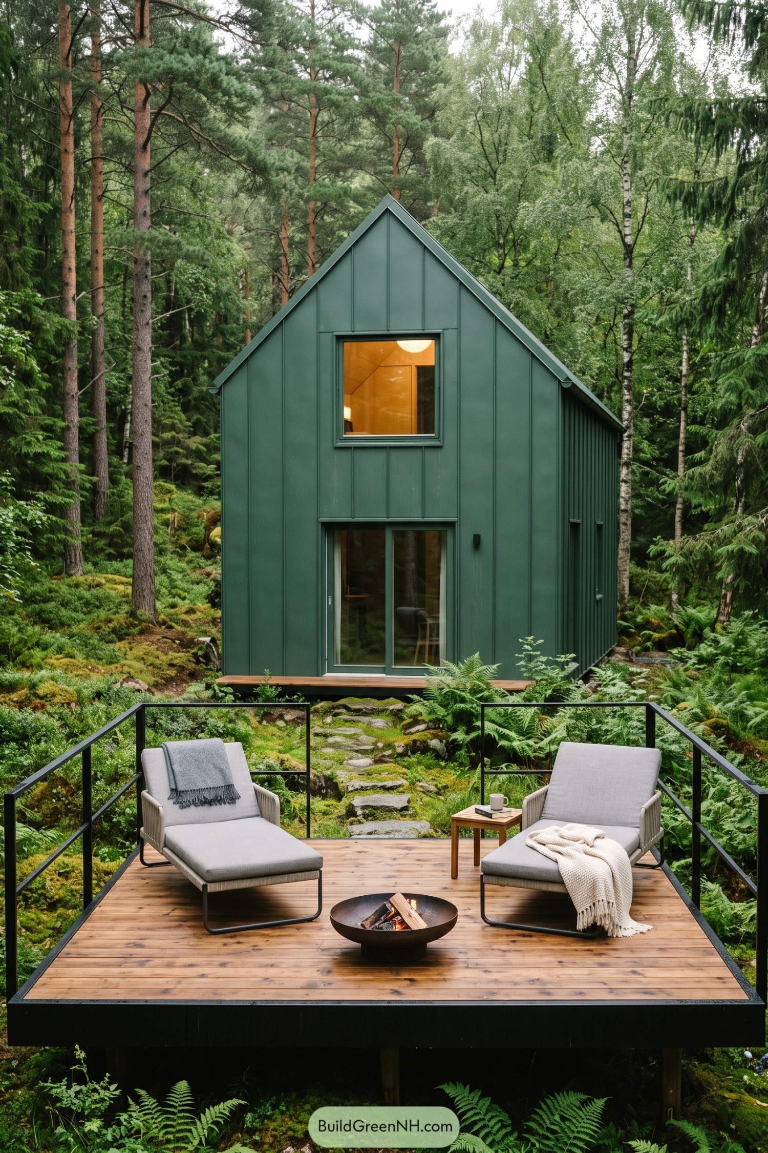 Green gabled cabin with a raised firepit deck among trees