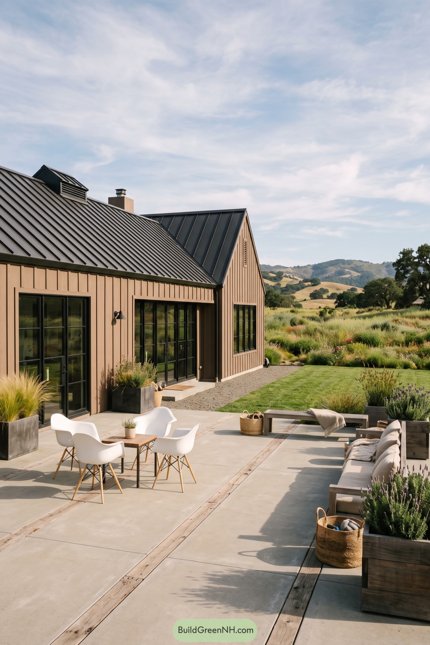 Modern brown farmhouse with a broad patio and meadow garden