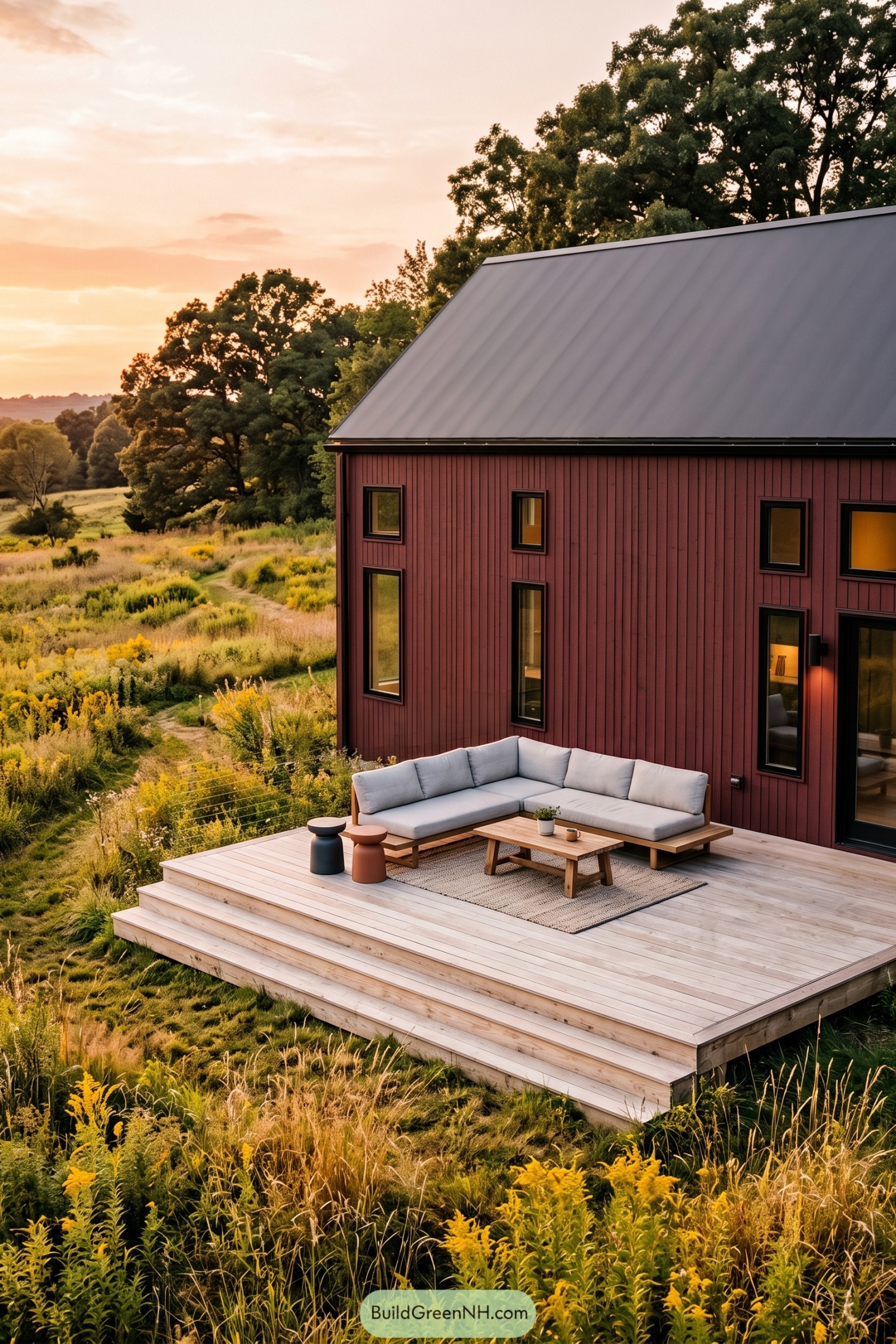 Burgundy modern house with a timber deck in meadow