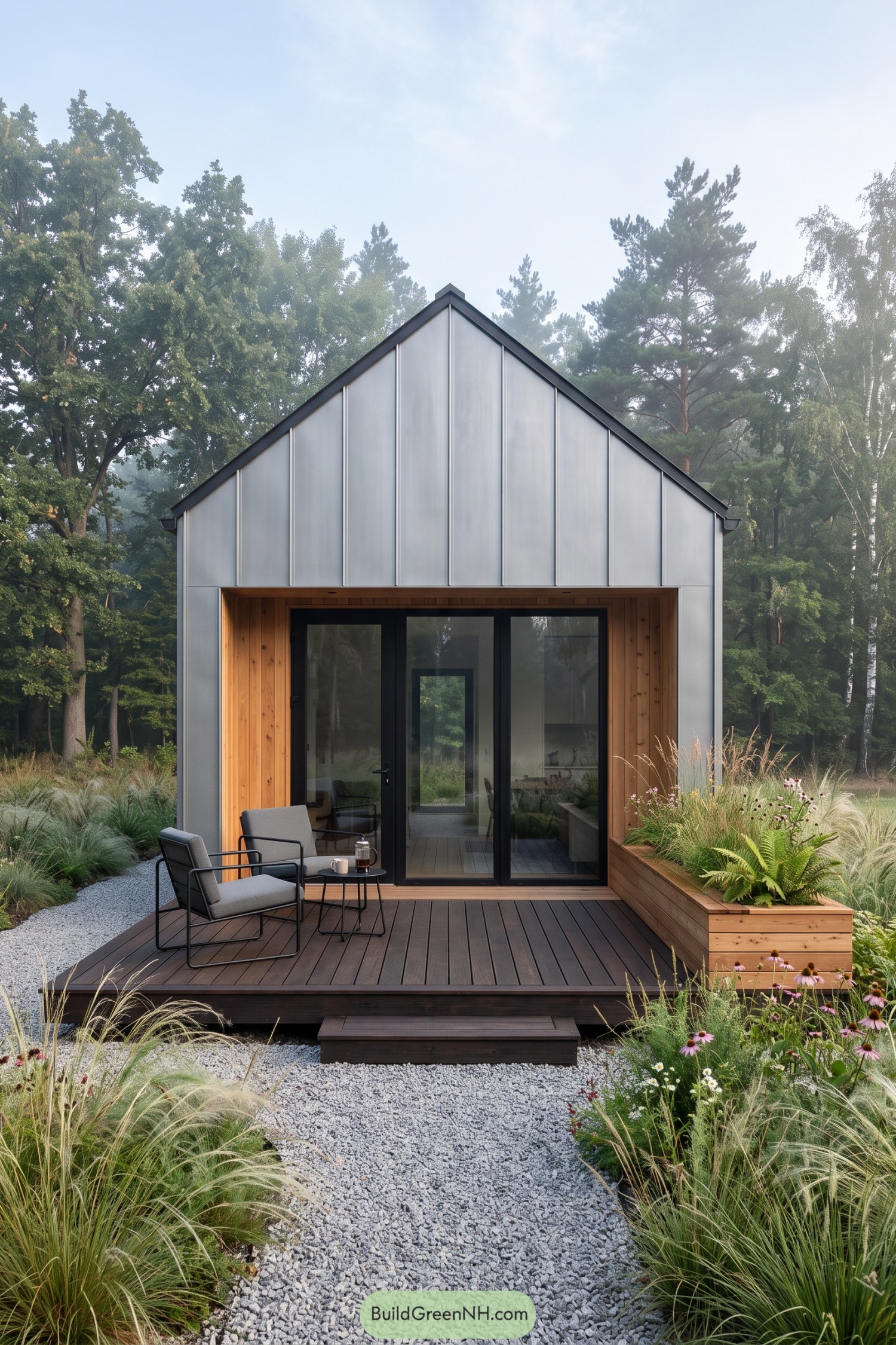 Modern metal-clad gable cabin with a timber deck in woodland