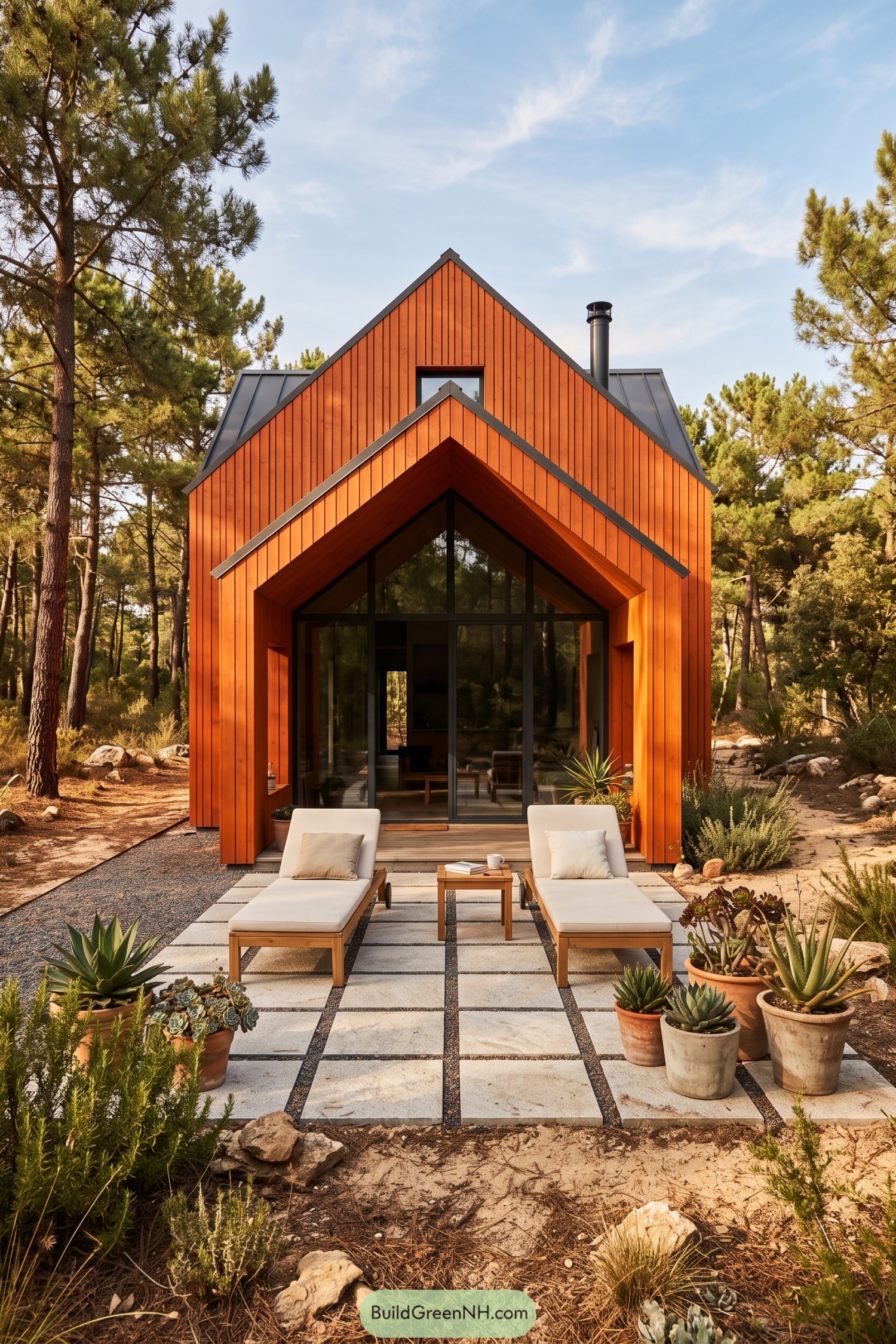 Orange timber cabin with a recessed patio among pines