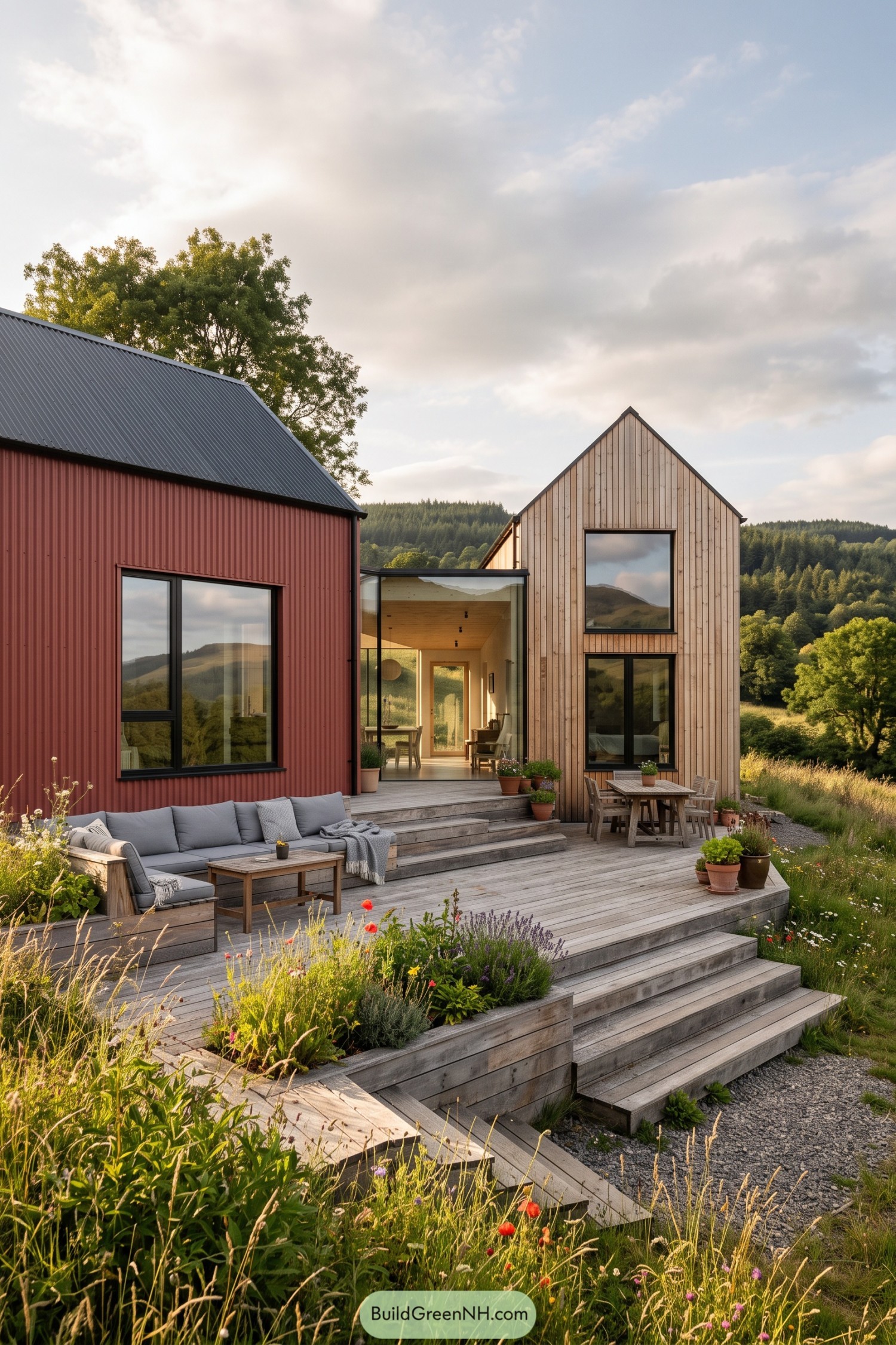Red metal and timber gable home with a flower-filled deck
