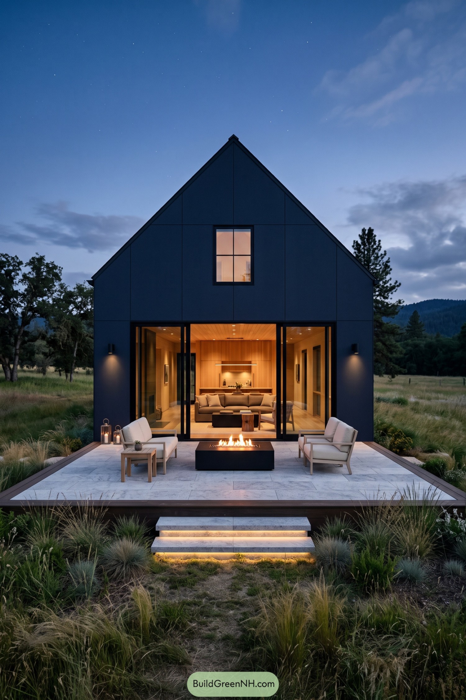 Dark modern gable house with a firepit patio at dusk