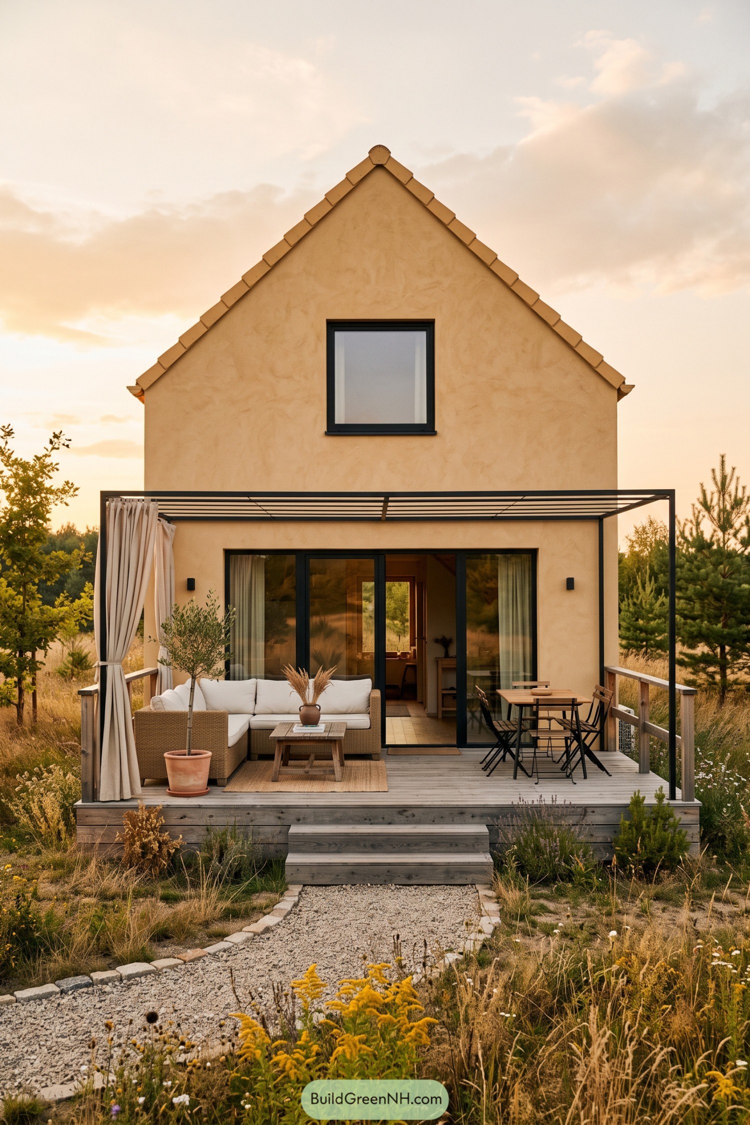 Warm plaster gable house with a covered timber deck