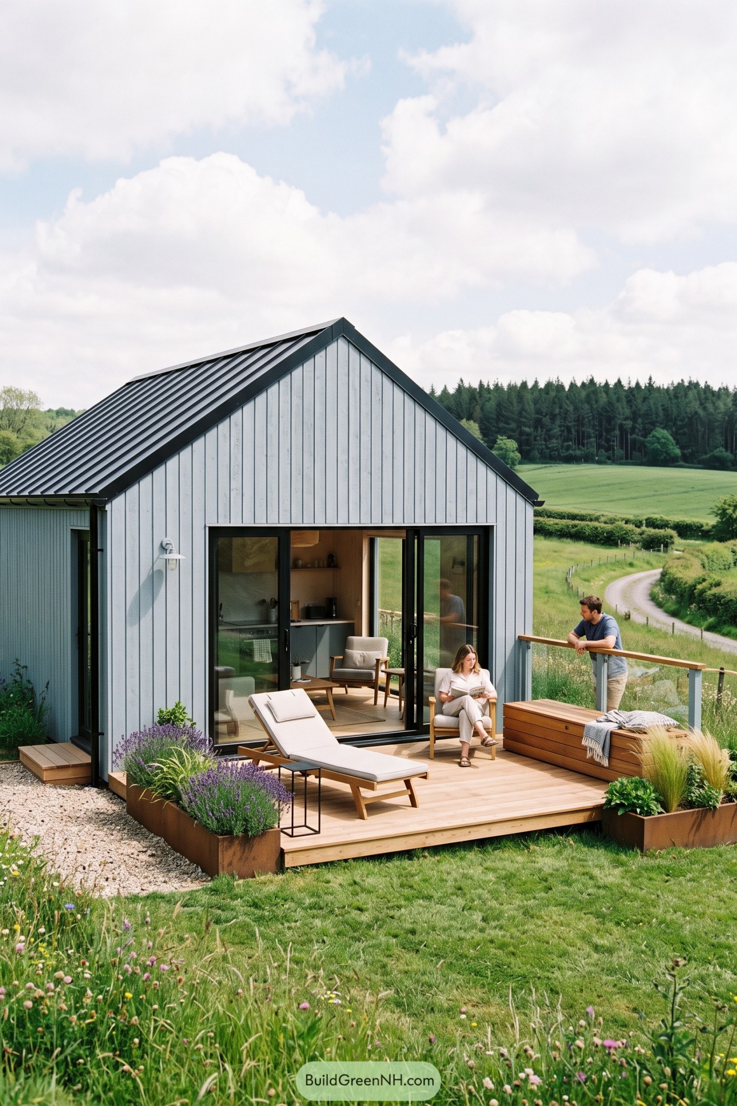 Compact gray gable home with a timber deck overlooking green fields