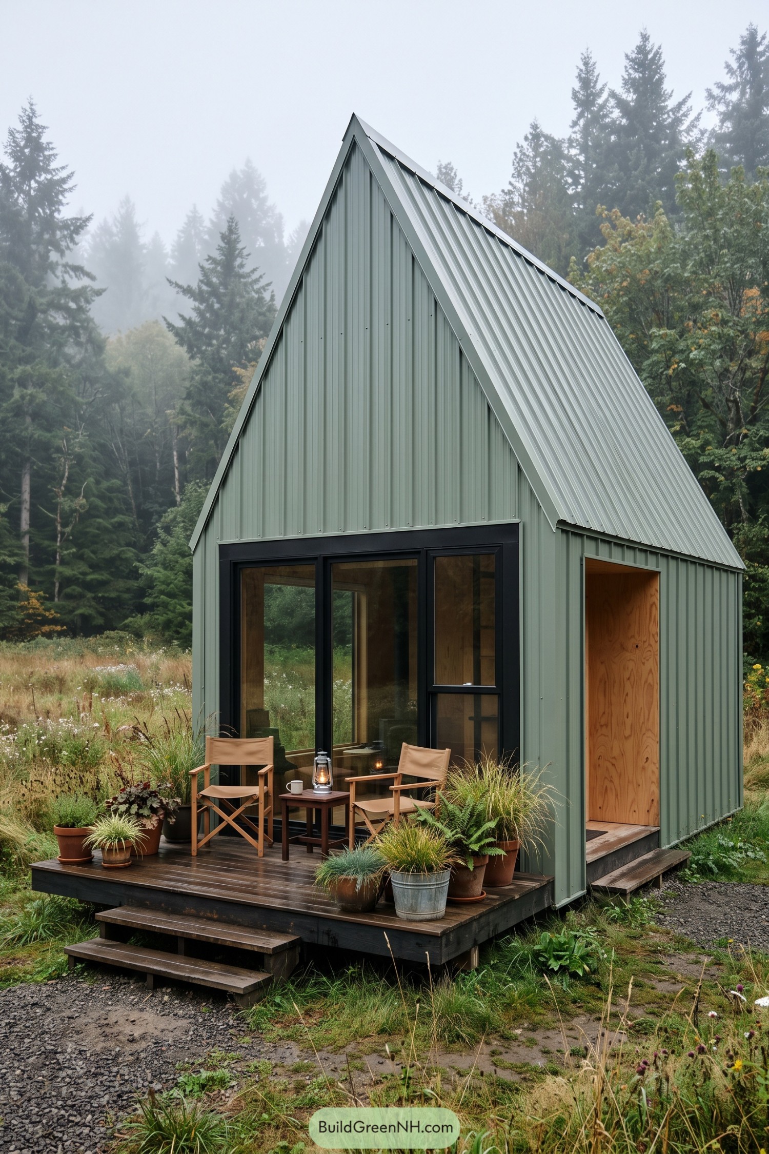 Green metal A frame cabin with a small deck in a misty forest