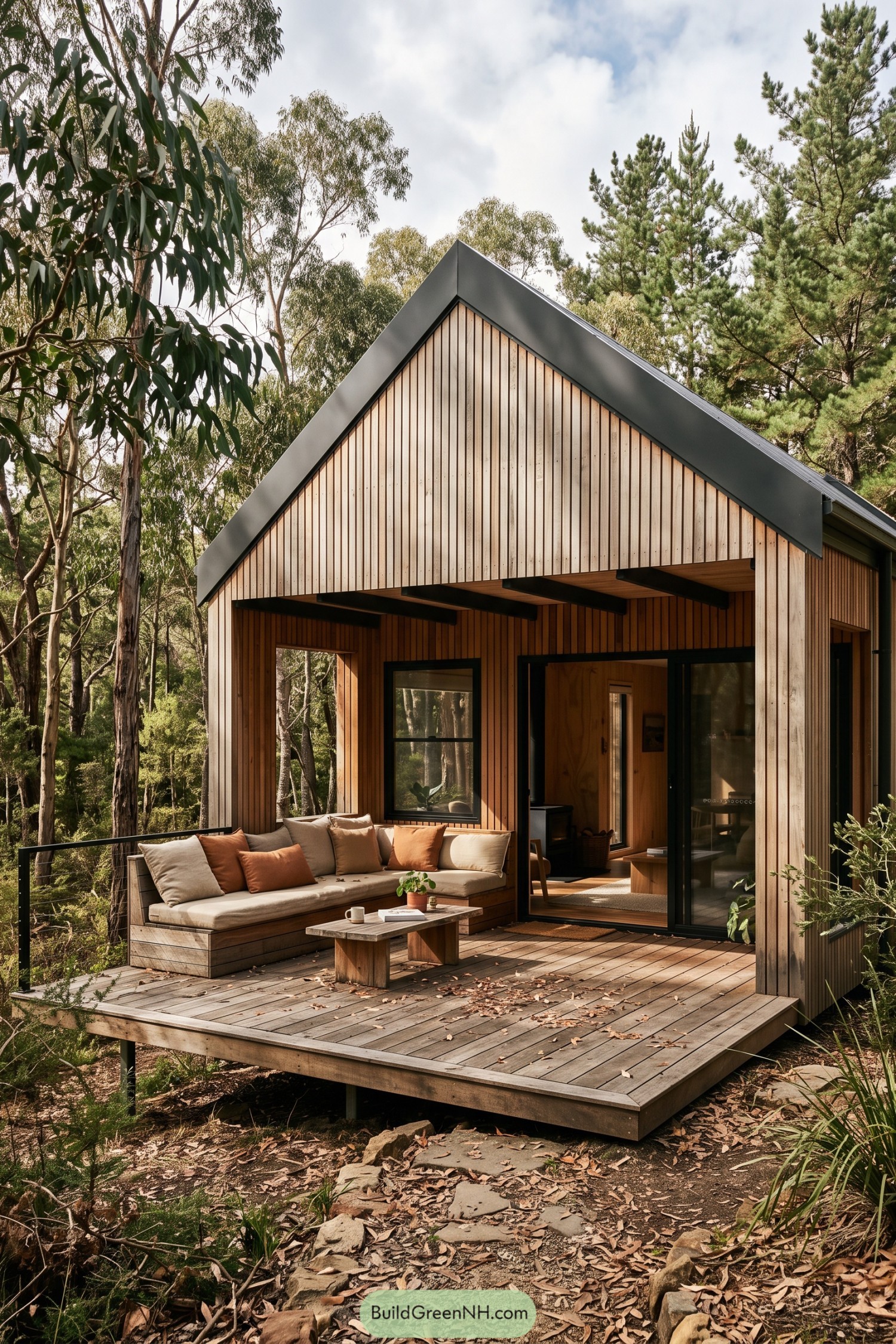 Timber cabin with a sheltered deck in bushland
