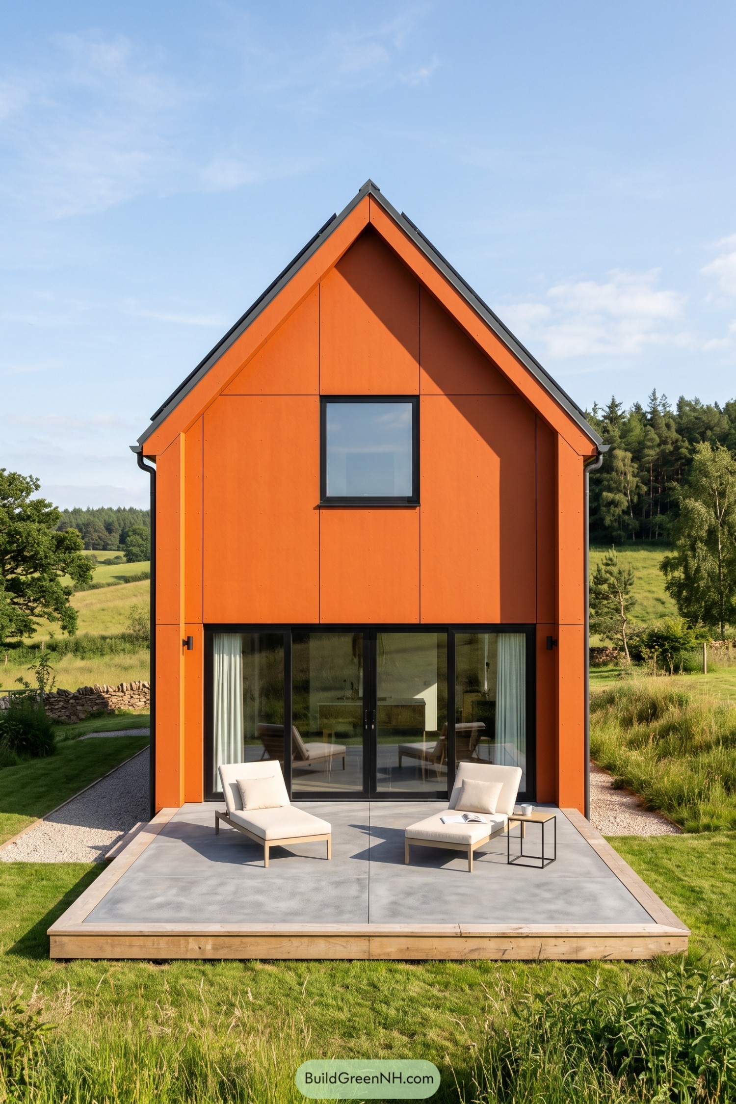 Orange gabled house with patio in a meadow