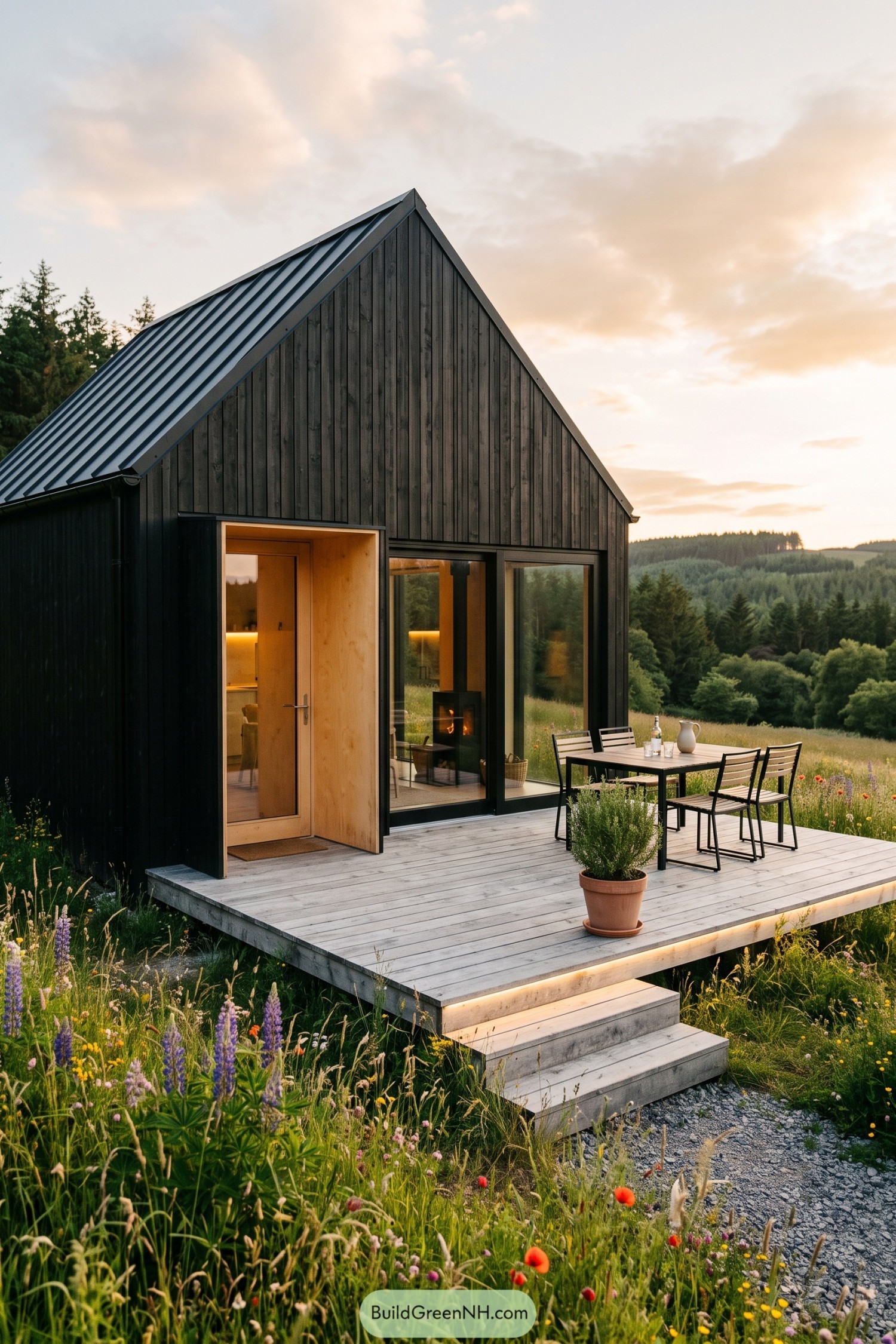 Dark gabled cottage with a glowing deck in a wildflower meadow