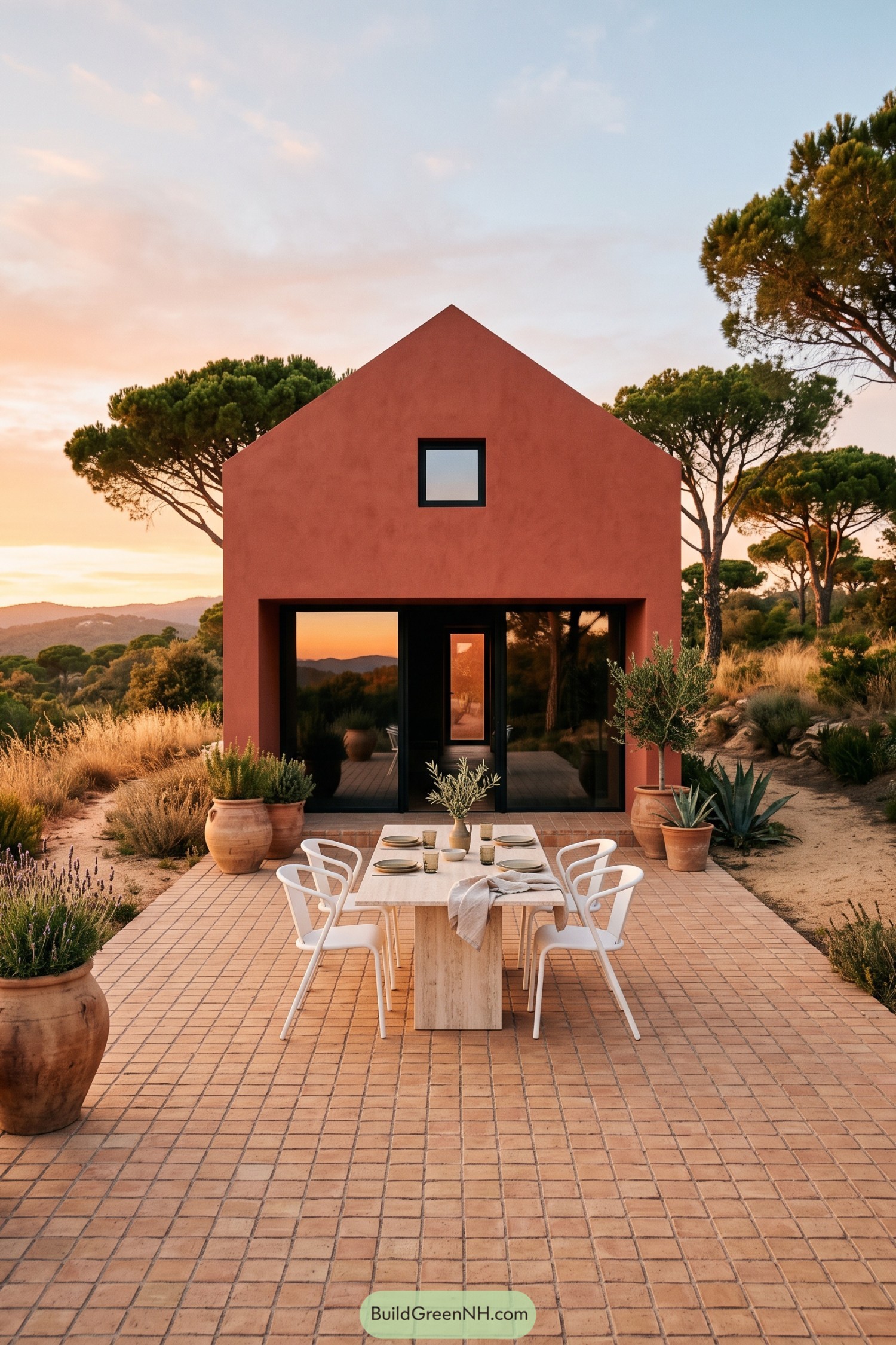 Terracotta gable house with tiled dining terrace among pines