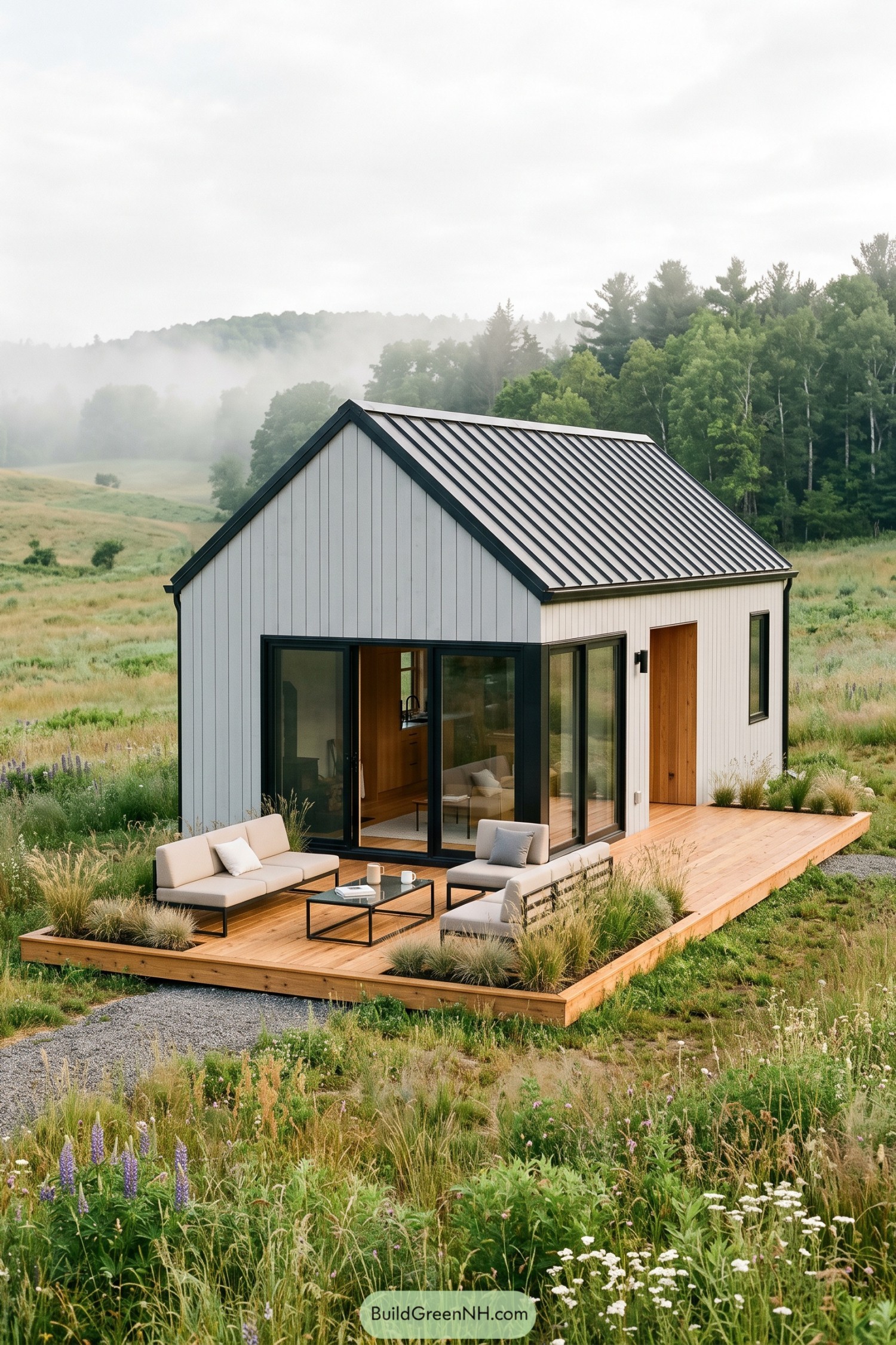 Compact white cottage with a timber deck in a misty meadow