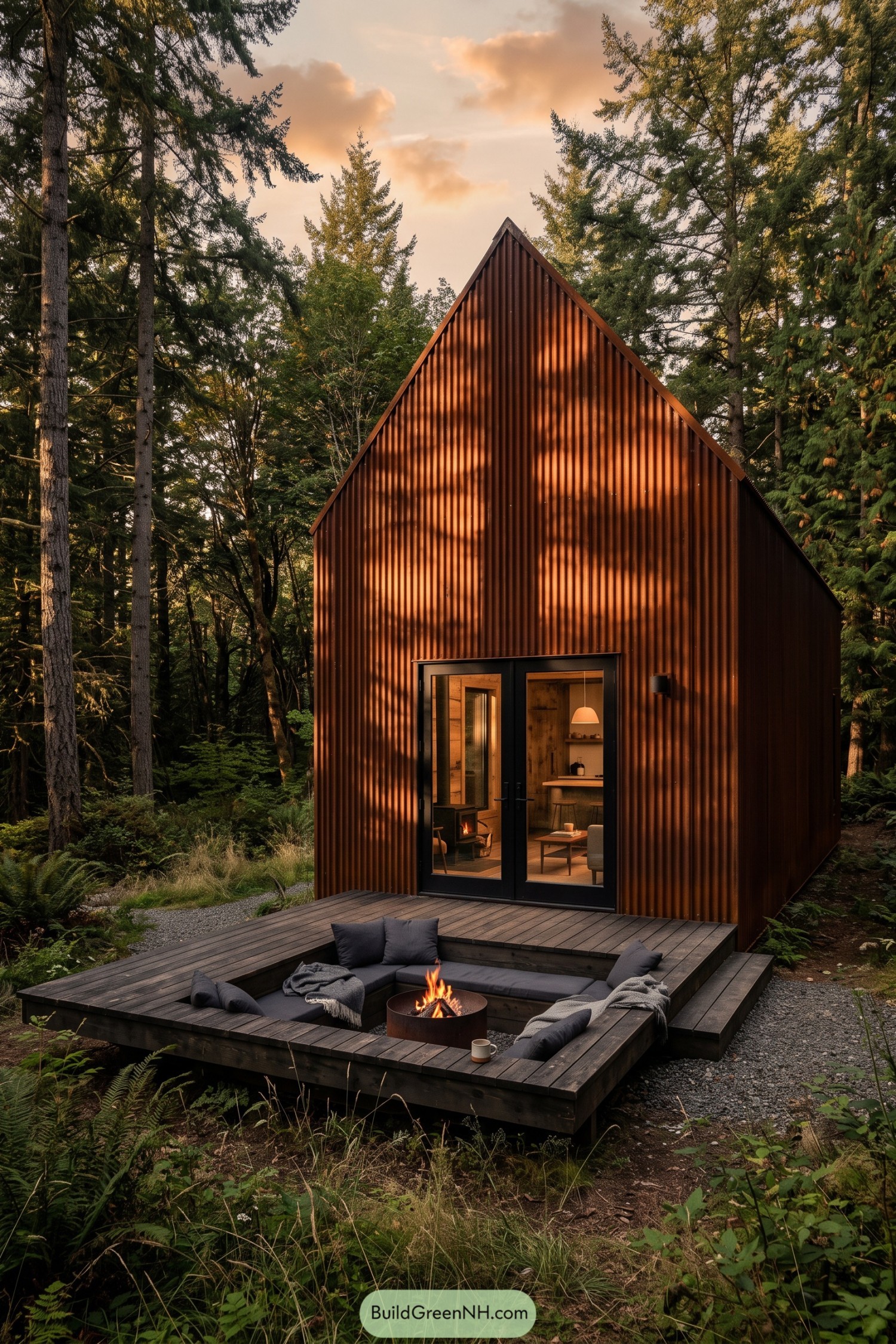 Dark gabled cabin with sunken fire pit deck in forest