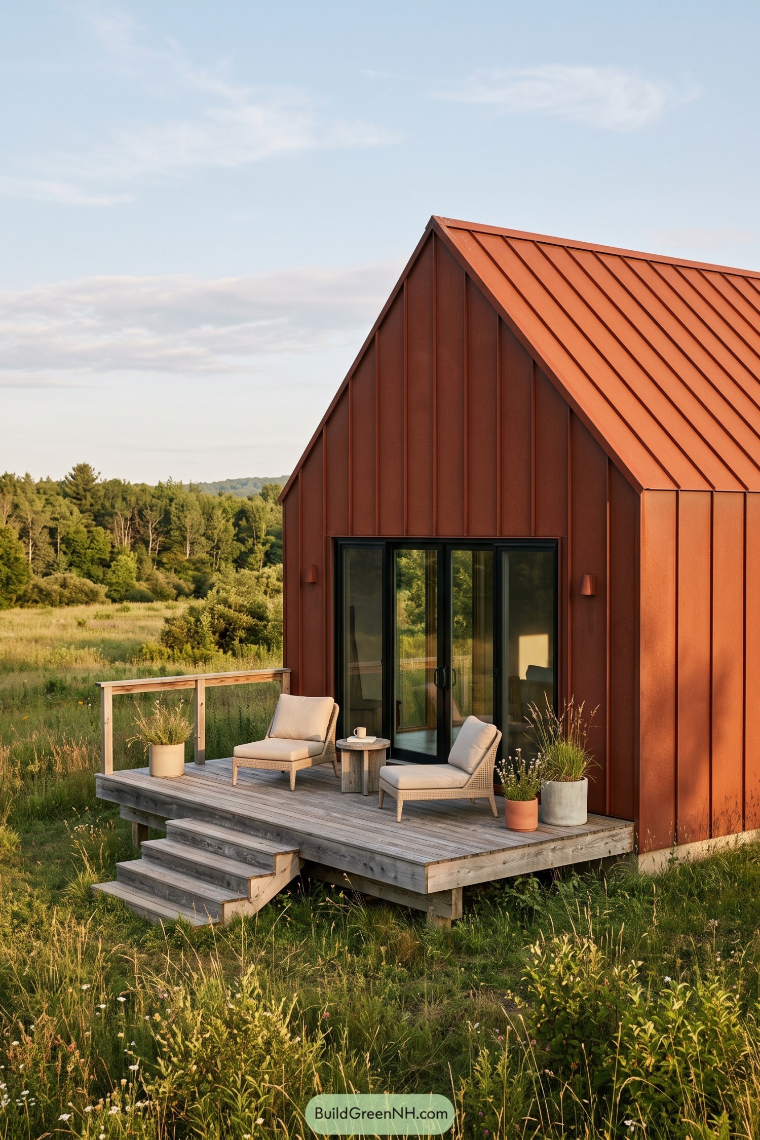 Rust-clad cabin with a deck in a meadow