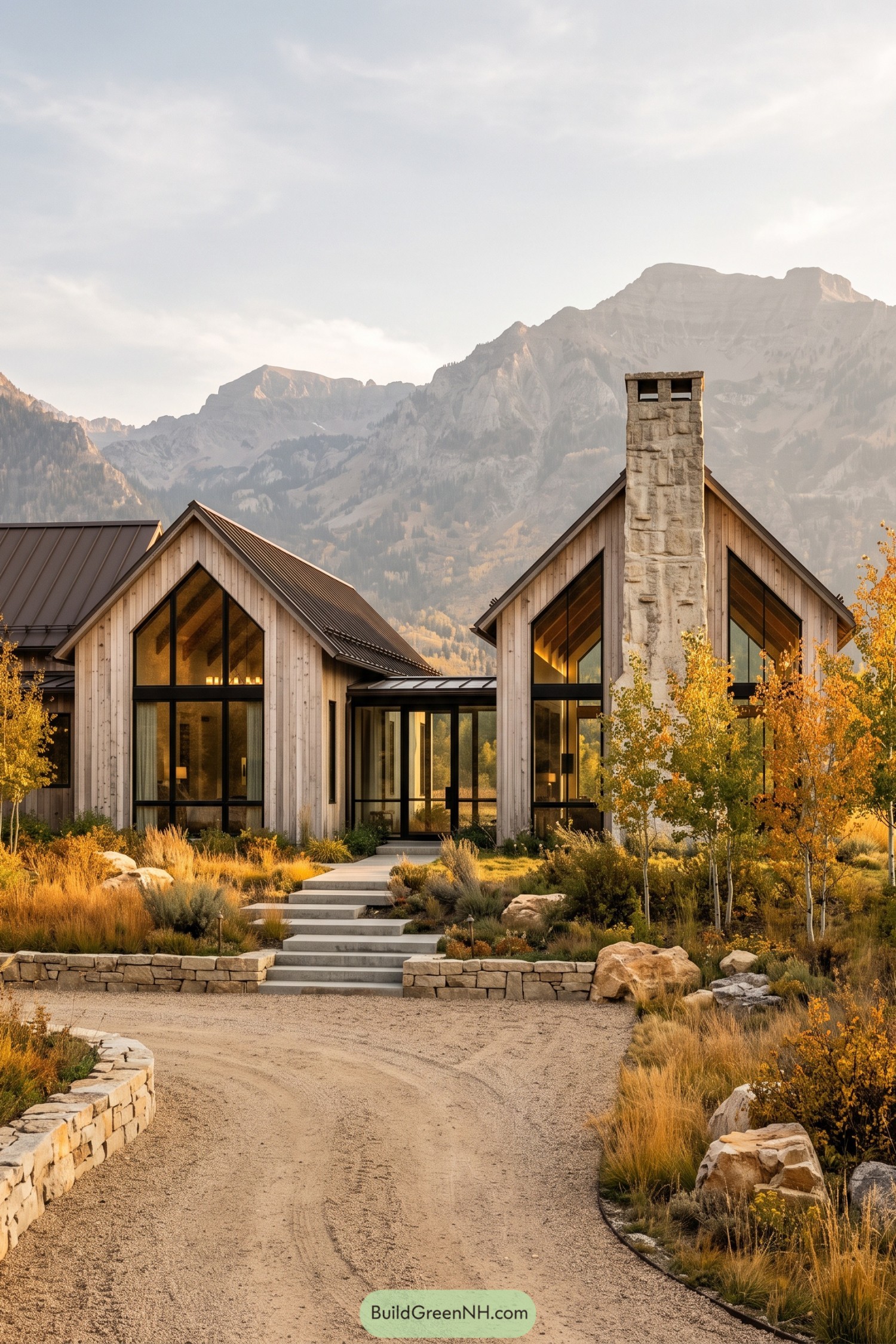 Modern barn house with timber gables stone chimney and mountain backdrop