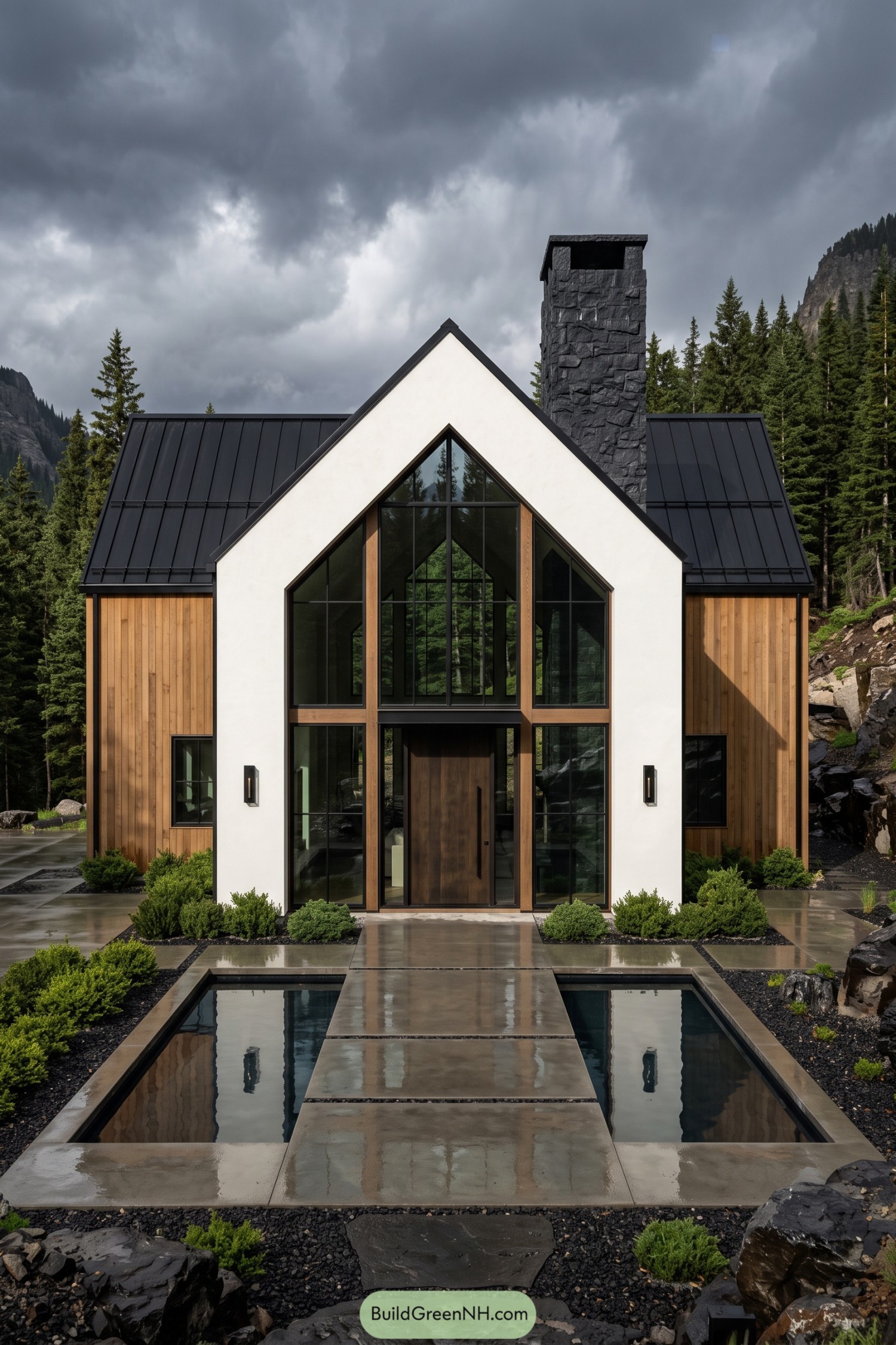 Modern mountain barn with a dark stone chimney and reflecting pools