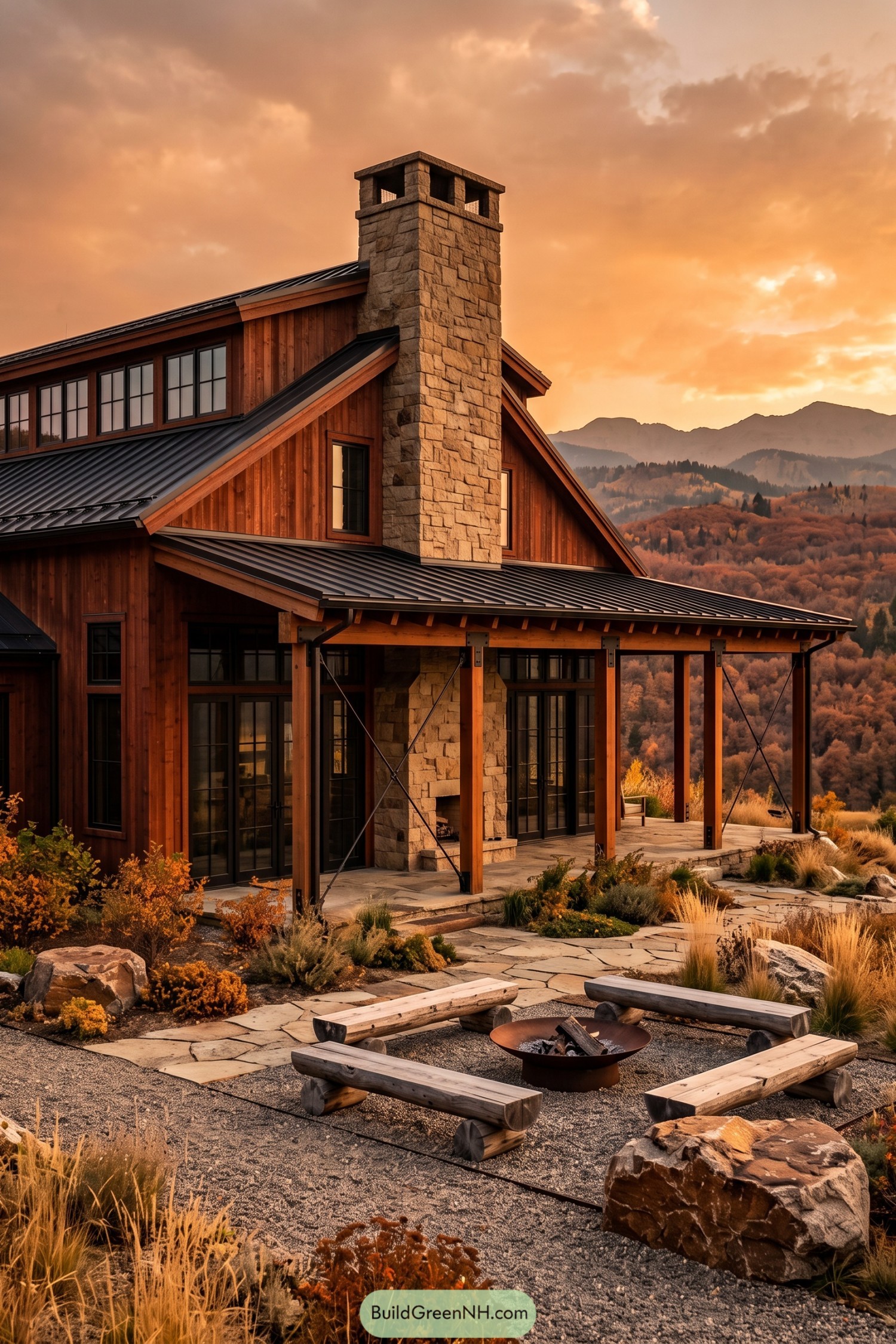 Timber barn home with stone chimney and fire pit