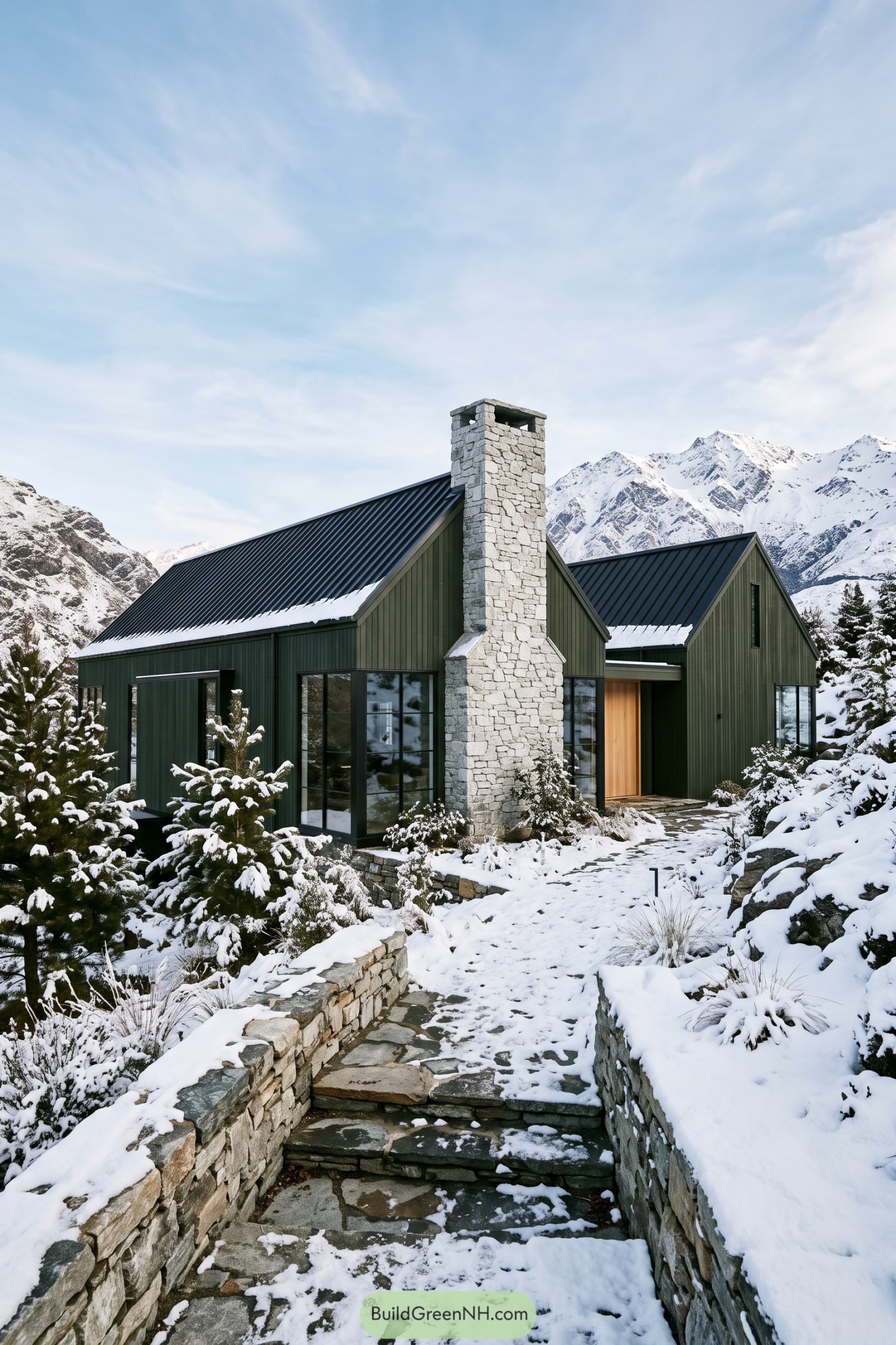 Dark green gabled barn home with a stone chimney in snowy mountains