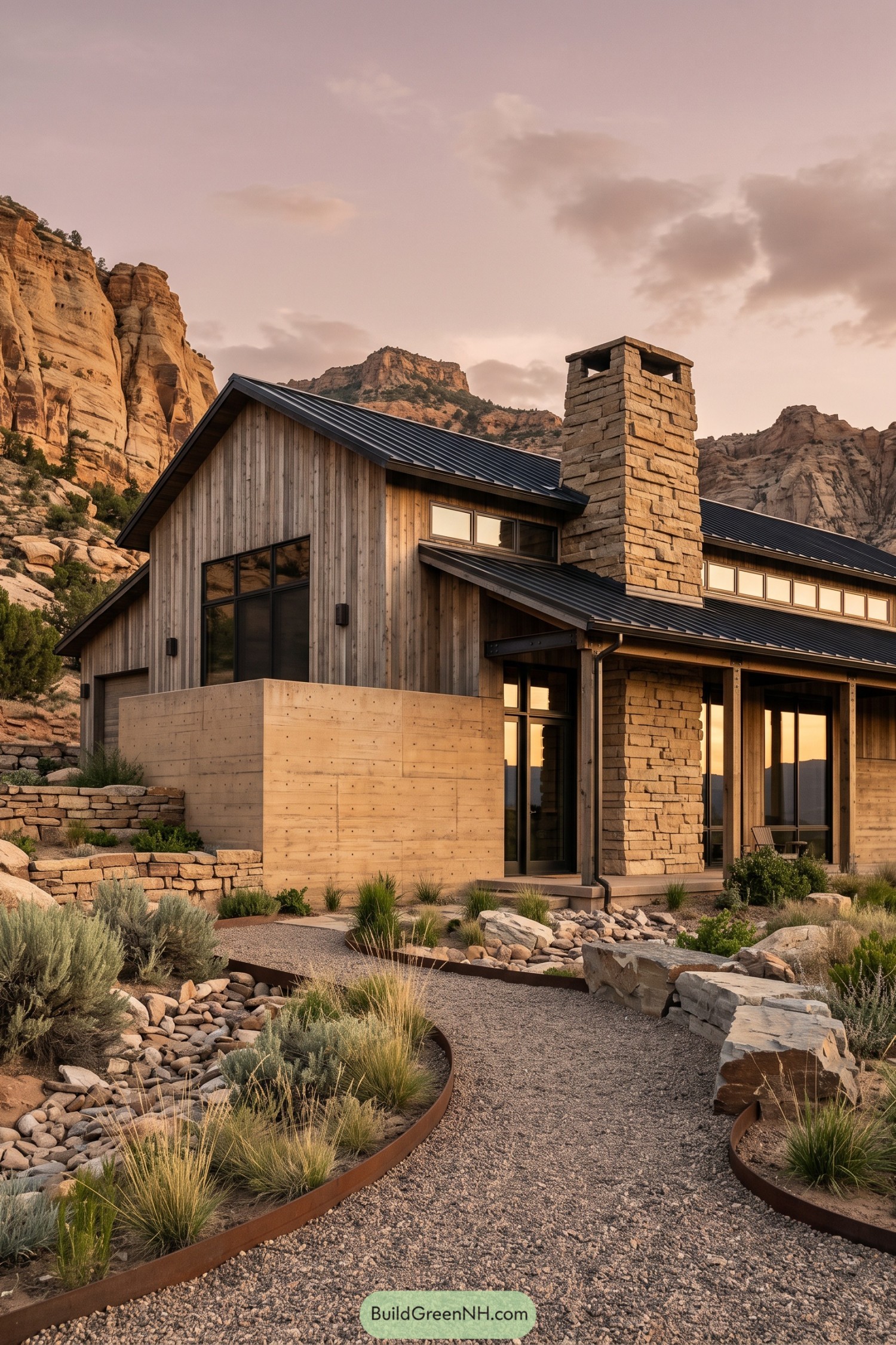 Modern timber barnhouse with stone chimney beneath desert cliffs